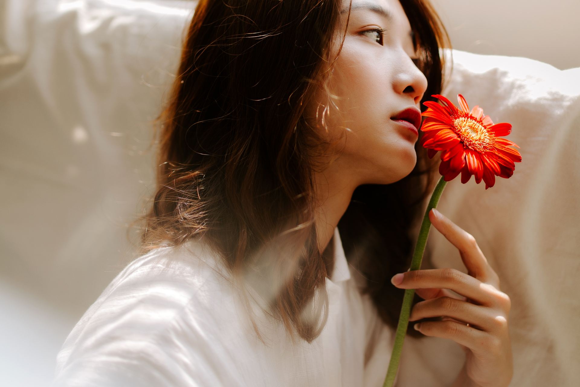 woman holding flower sitting on sofa