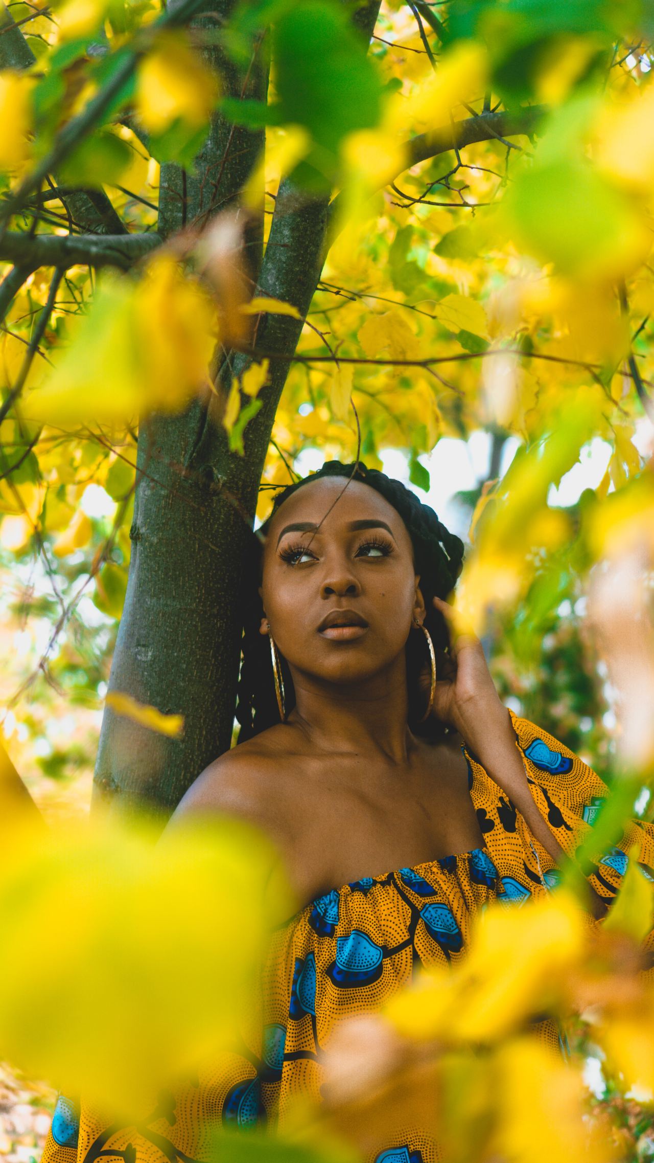 woman wearing yellow and blue one-shoulder top leaning on yellow maple tree