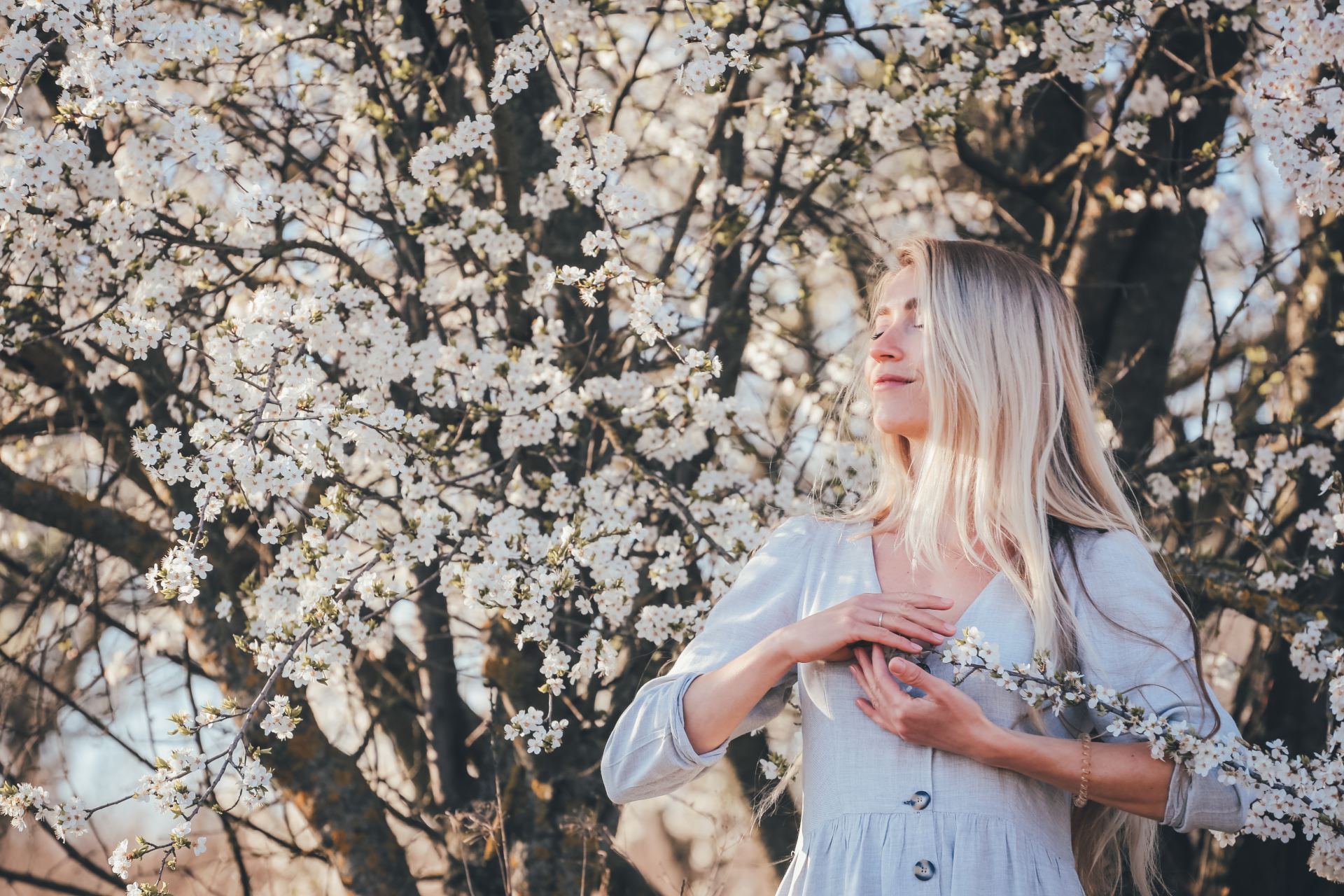 woman in white dress standing under white cherry blossom tree during daytime