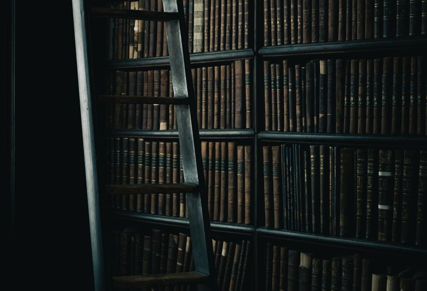 black wooden ladder beside brown wooden bookshelf