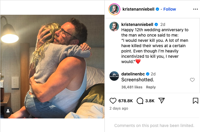 Kristen Bell’s Domestic Violence ‘Joke’ Was So Bad That Dateline Weighed In – Dropping A Savage ‘Screenshotted’ Under Her Tone-Deaf Anniversary Post