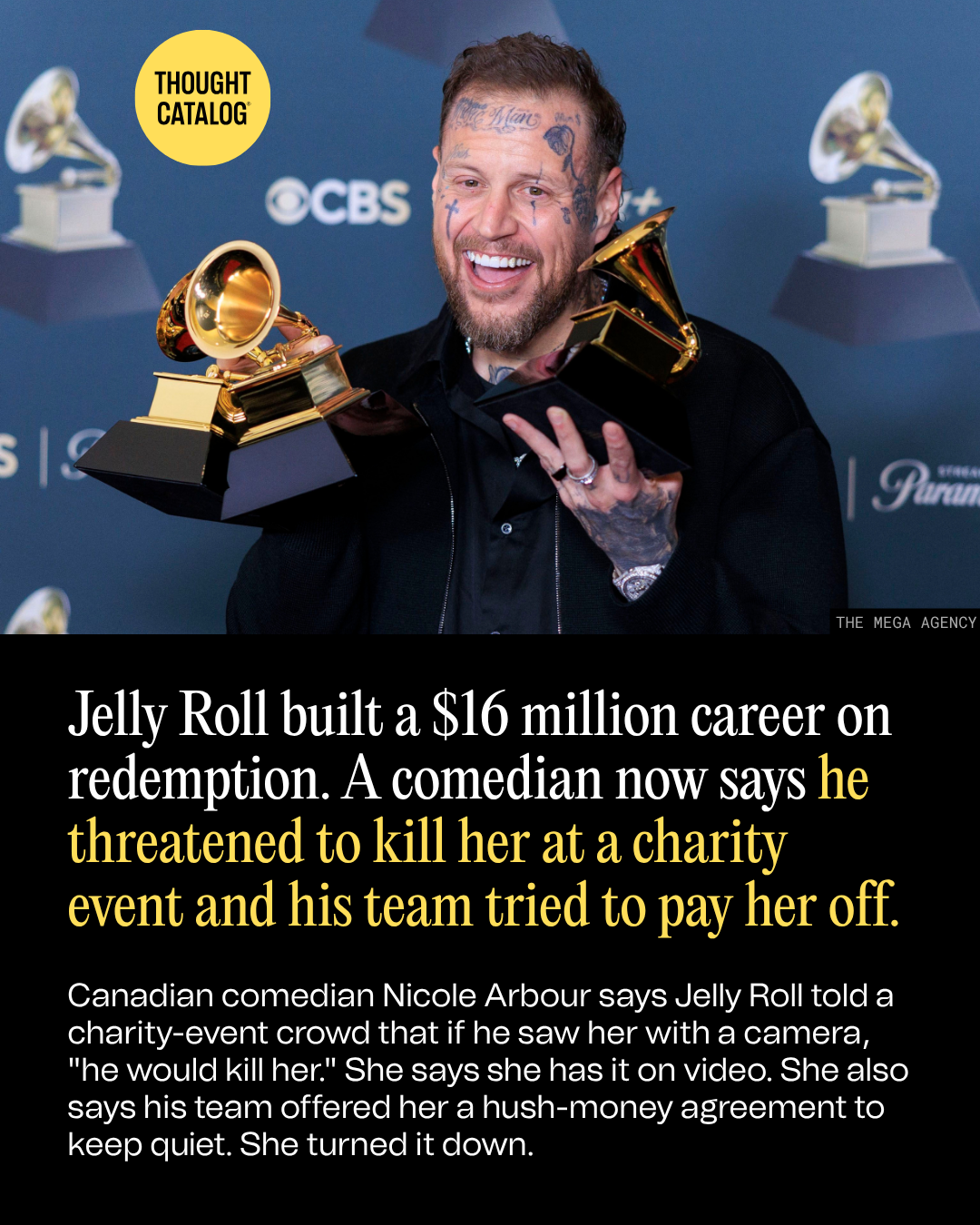Jelly Roll Built a $16 Million Career on Redemption. A Comedian Now Says He Threatened to Kill Her at a Charity Event and His Team Tried to Pay Her Off
