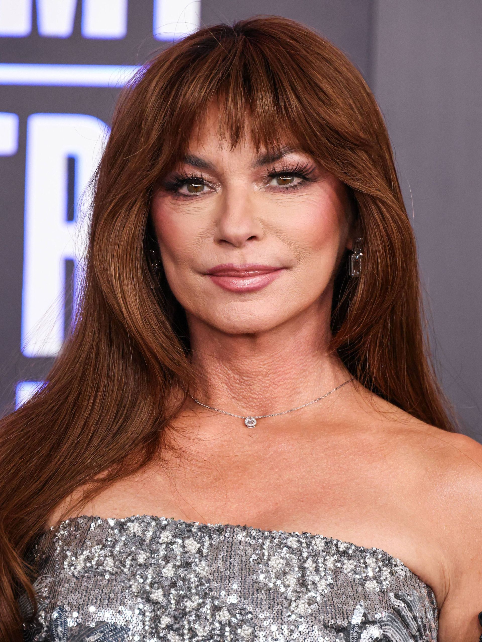Shania Twain wearing Falguni Shane Peacock on the red carpet at the 61st Annual ACM Awards at the MGM Grand Garden Arena in Las Vegas