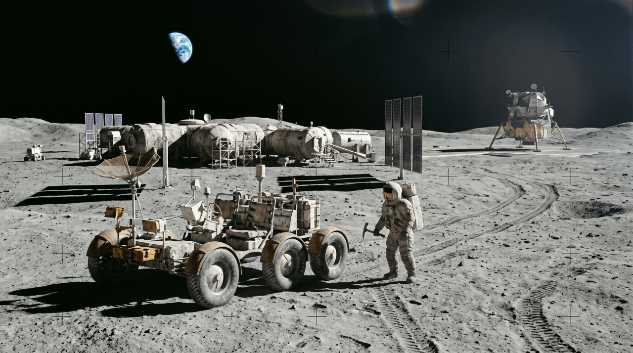 Artistic rendering of a permanent human base on the surface of the moon