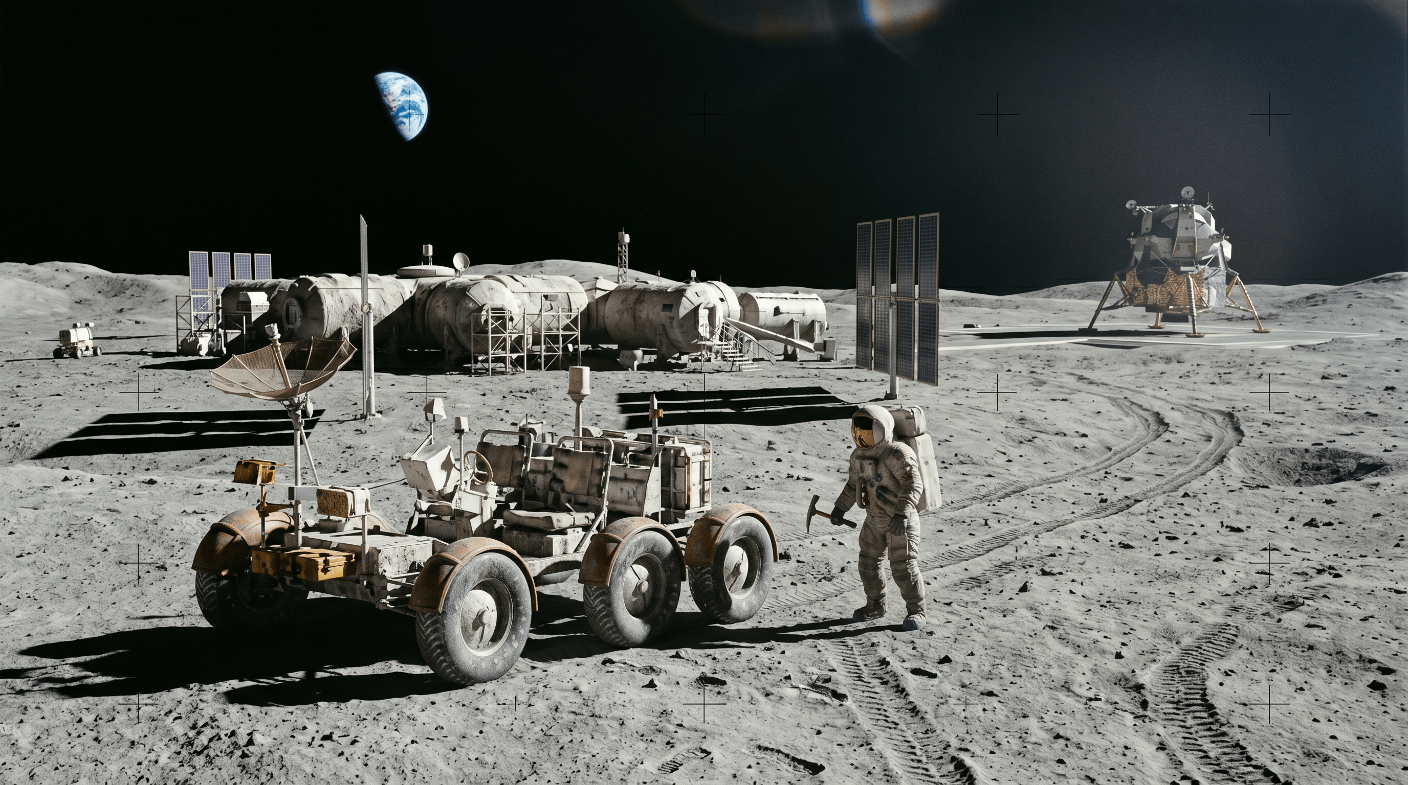 Artistic rendering of a permanent human base on the surface of the moon