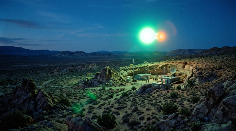 AI-generated illustration of a luminous orb hovering near a military site in a dark night sky