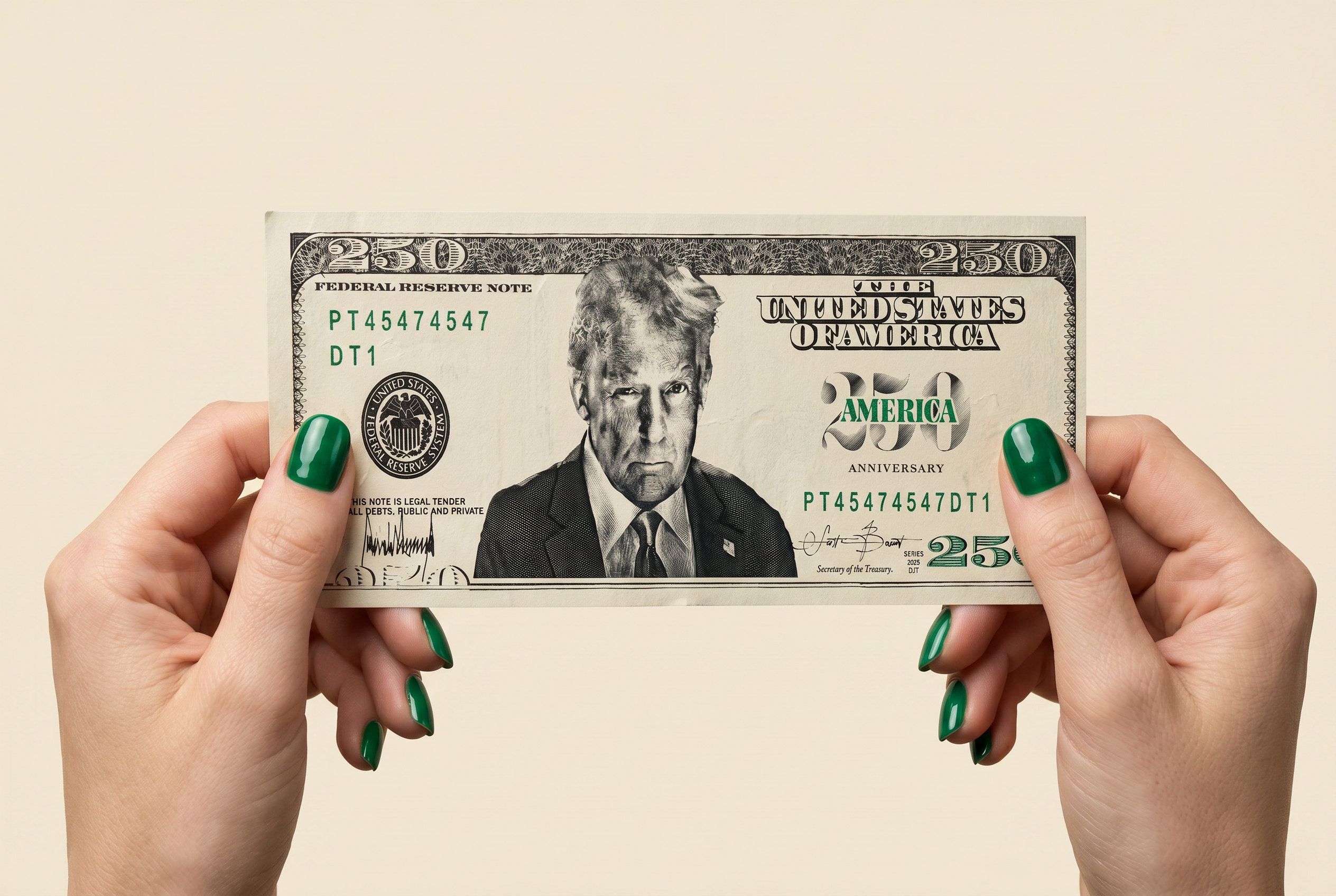 Mock-up of a $250 bill featuring Donald Trump's portrait in the center