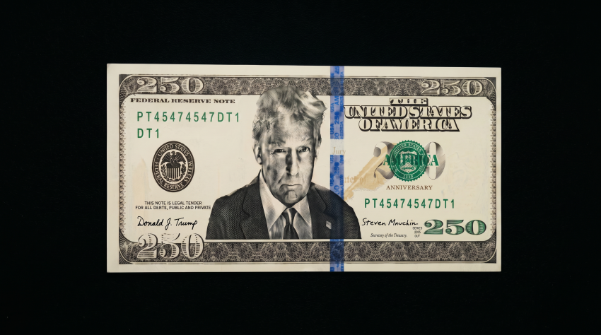 Mock-up of a $250 bill with Donald Trump's portrait in the center