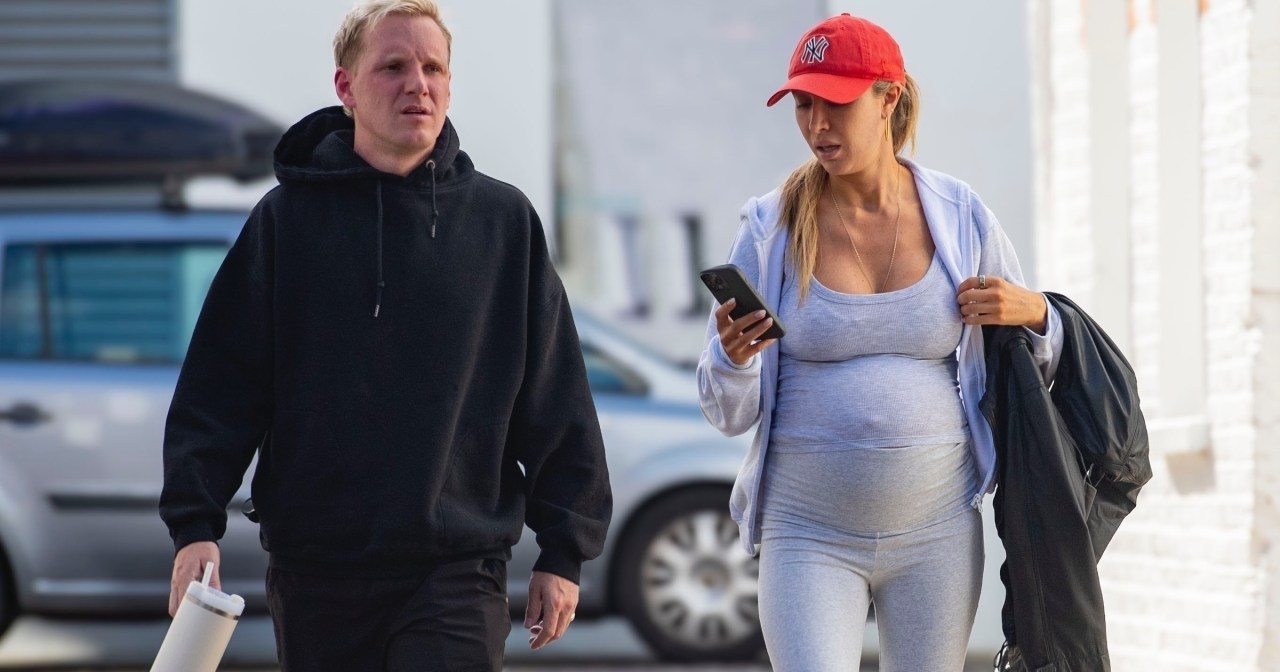 Jamie Laing and pregnant Sophie Habboo leaving a gym together, with Sophie showing her baby bump
