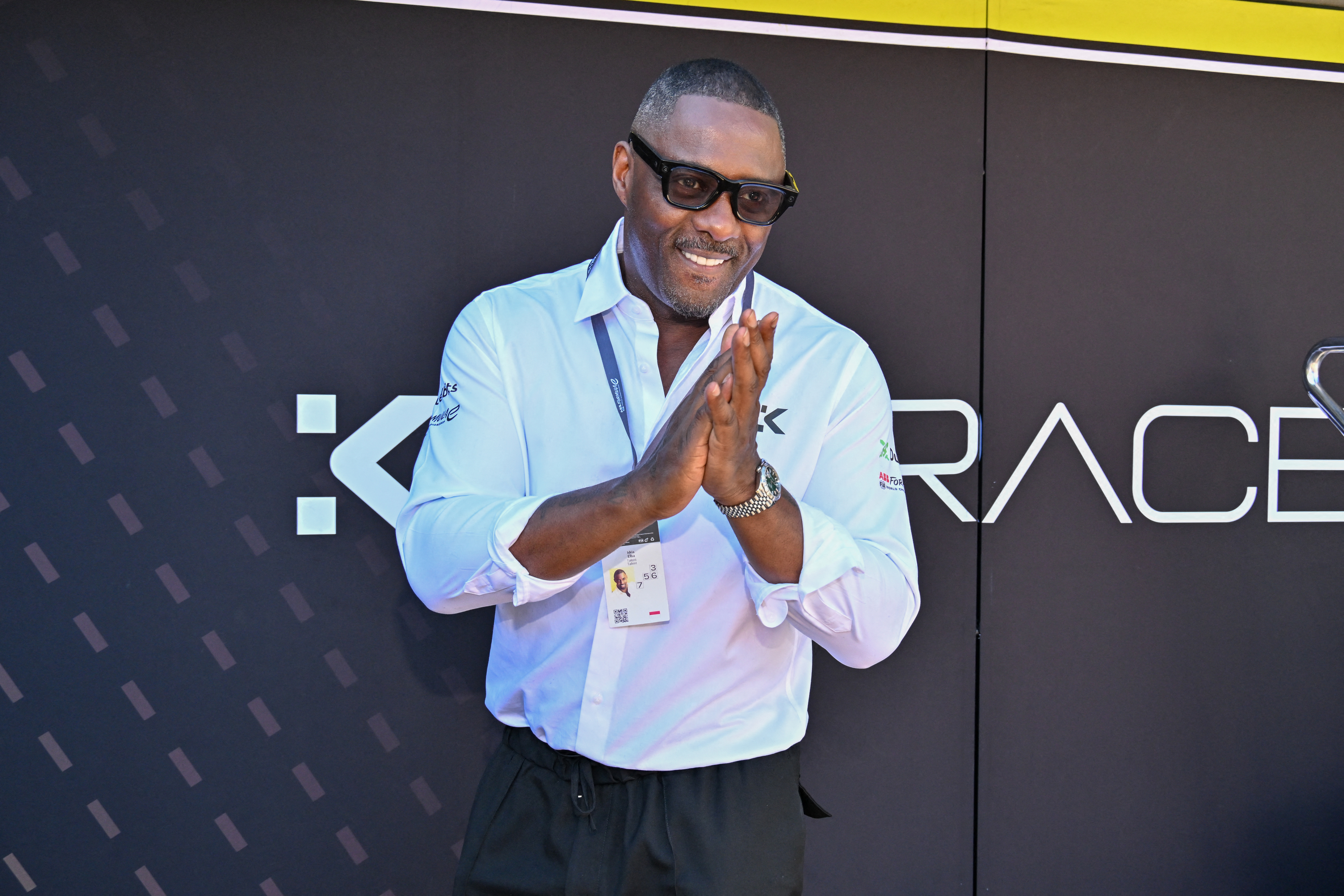 Celebrities inside the pits at the Monaco E-Prix in Monte Carlo