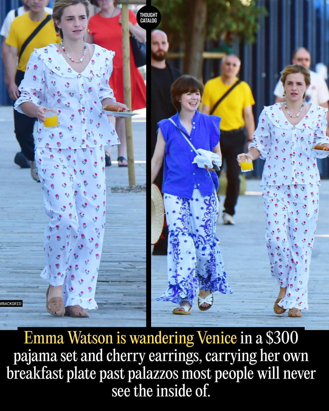 Emma Watson Is Wandering Venice in a $300 Pajama Set and Cherry Earrings, Carrying Her Own Breakfast Plate Past Palazzos Most People Will Never See the Inside Of