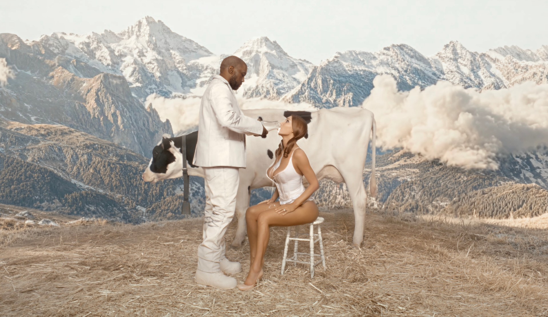 Bianca Censori Directed and Starred in Kanye's New "Gemini Season" Video, Which Is 1 Minute and 46 Seconds of Her Milking a Cow in a Thong Before He Pours It on Her Face