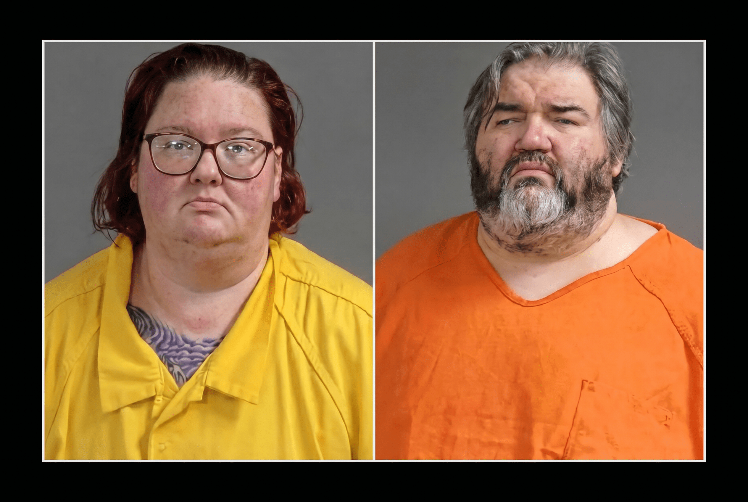 Side-by-side booking photos: a woman with red hair and glasses in a yellow jail shirt, and a heavyset bearded man in an orange jail shirt.