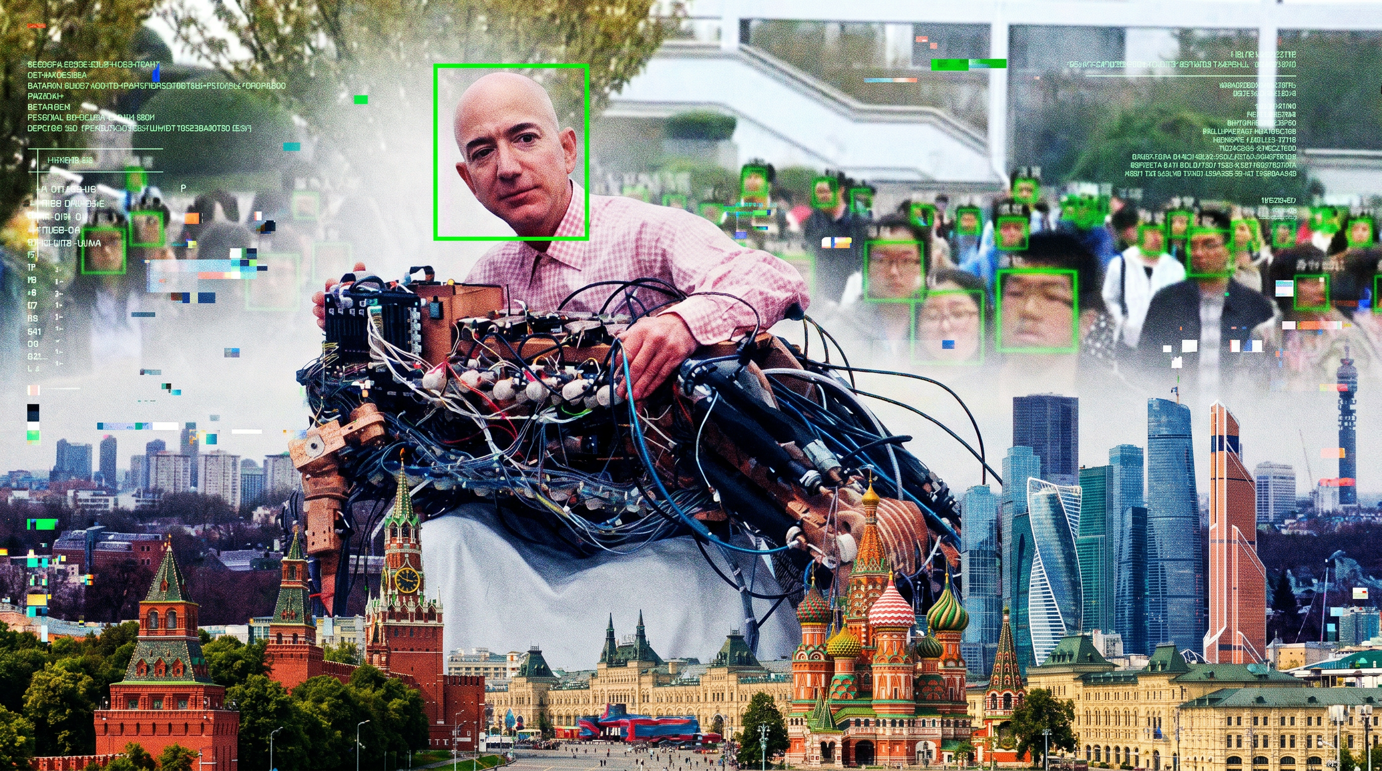 Surreal digital collage of a bald man holding a mass of wires and electronics, looming over Moscow's Red Square skyline with green facial-recognition boxes overlaid on a crowd.