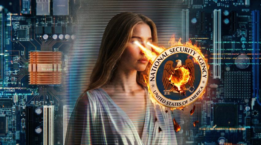 Digital illustration of a woman shooting laser beams from her eyes at a burning NSA seal, with circuit boards and code in the background.