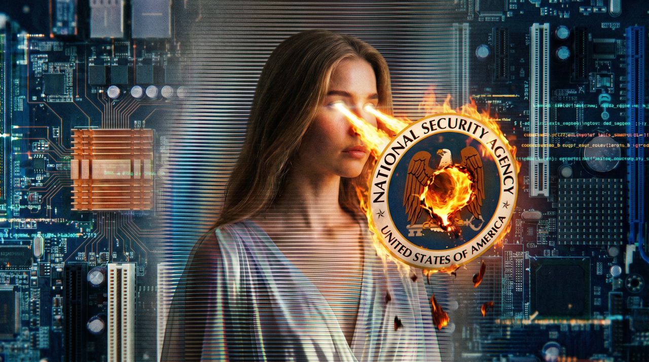 AI-generated image of a woman with laser eyes aimed at a flaming NSA seal, surrounded by circuit board and code visuals.