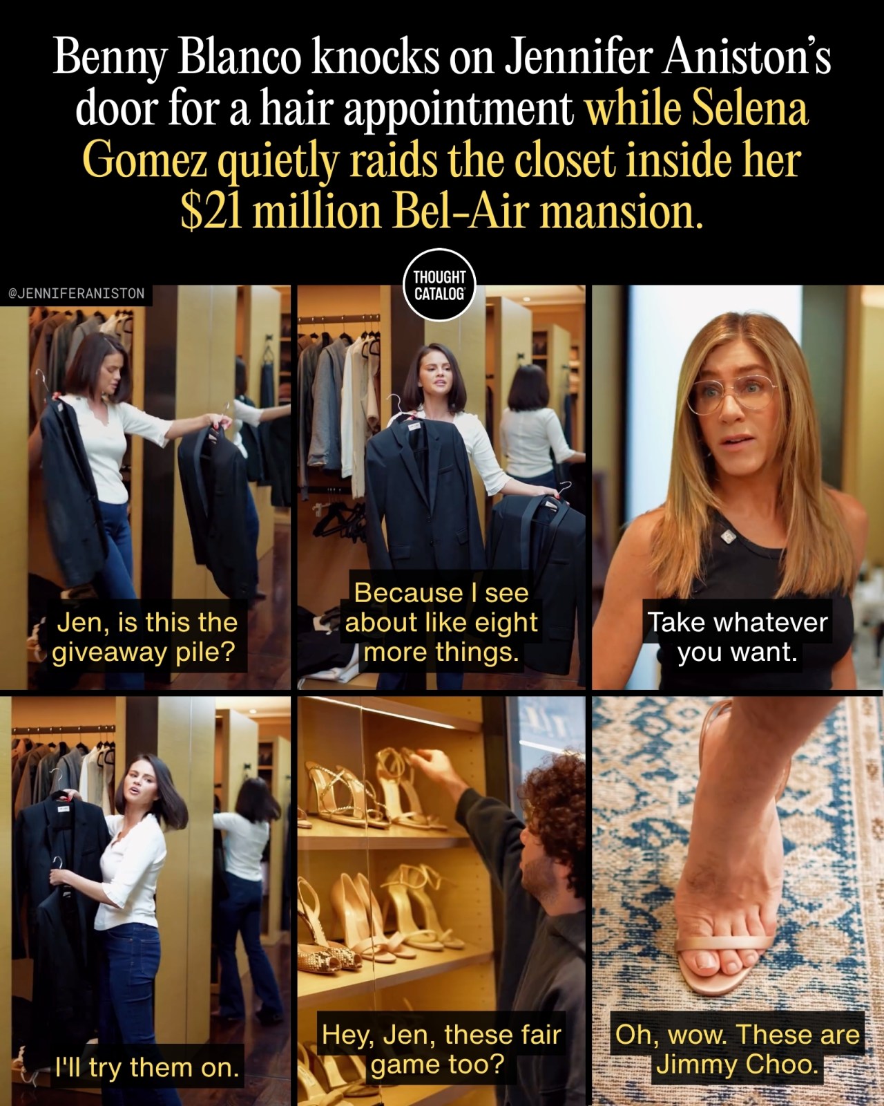 Benny Blanco Knocks on Jennifer Aniston's Door for a Hair Appointment While Selena Gomez Quietly Raids the Closet Inside Her $21 Million Bel-Air Mansion