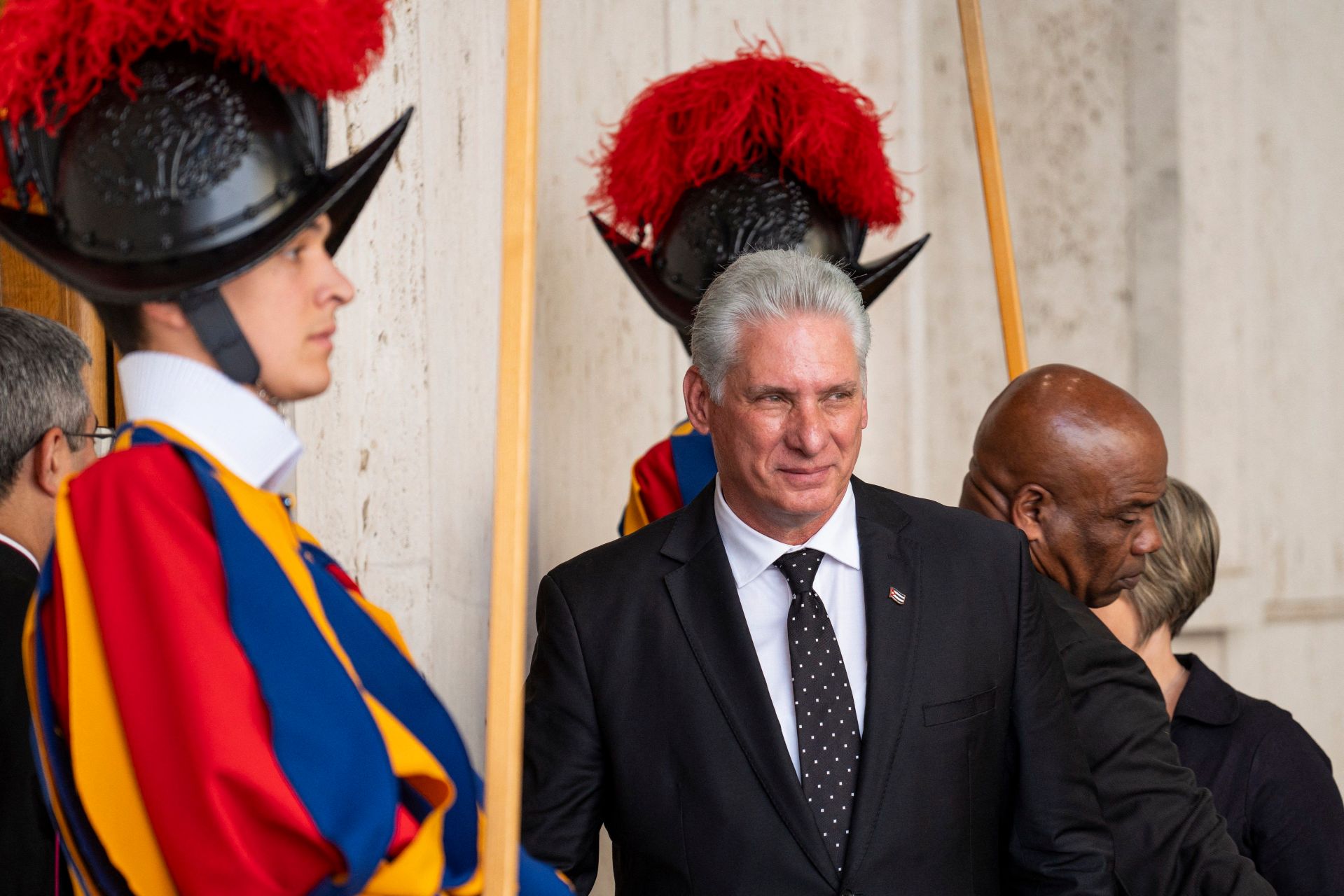 Miguel Díaz-Canel and his wife Lis Cuesta Peraza meeting Pope Francis at the Studio of Paul VI Hall in Vatican City