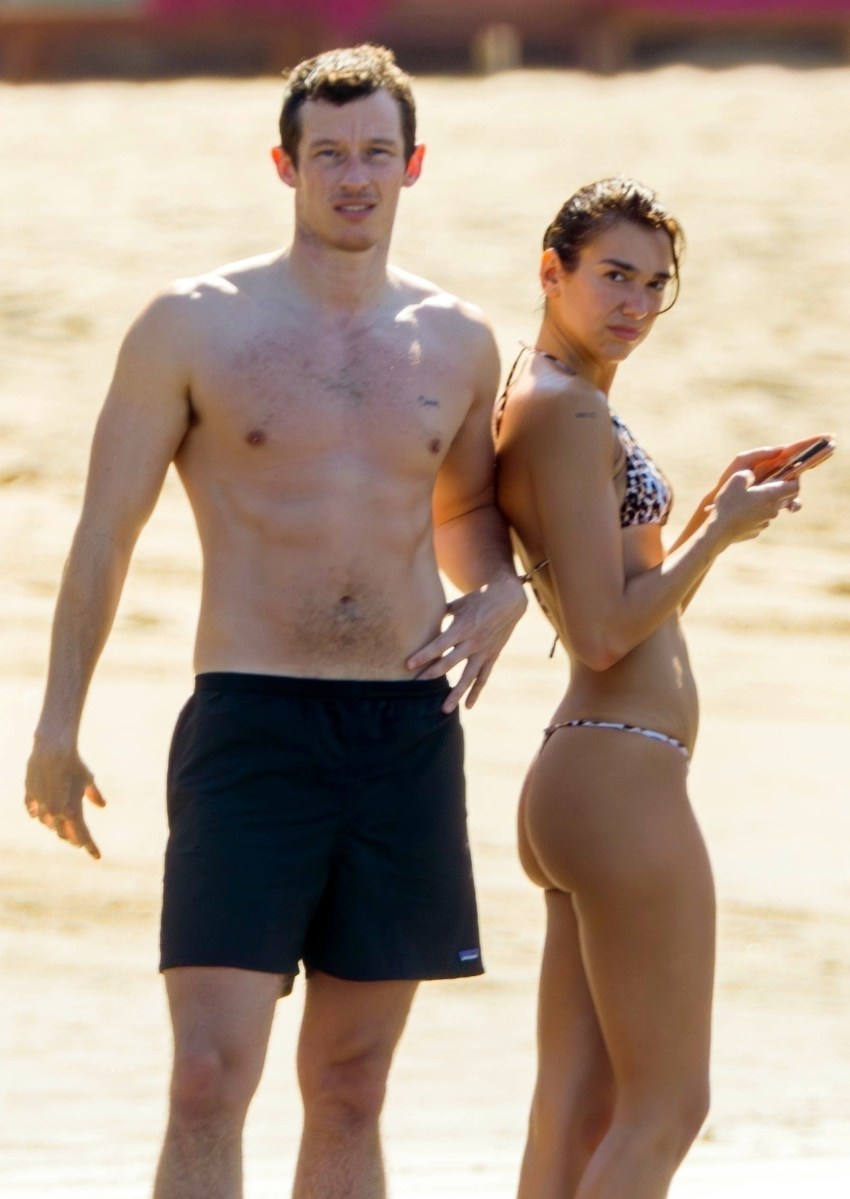 Dua Lipa in an animal print bikini lounging on a beach while Callum Turner rubs sunscreen on her back