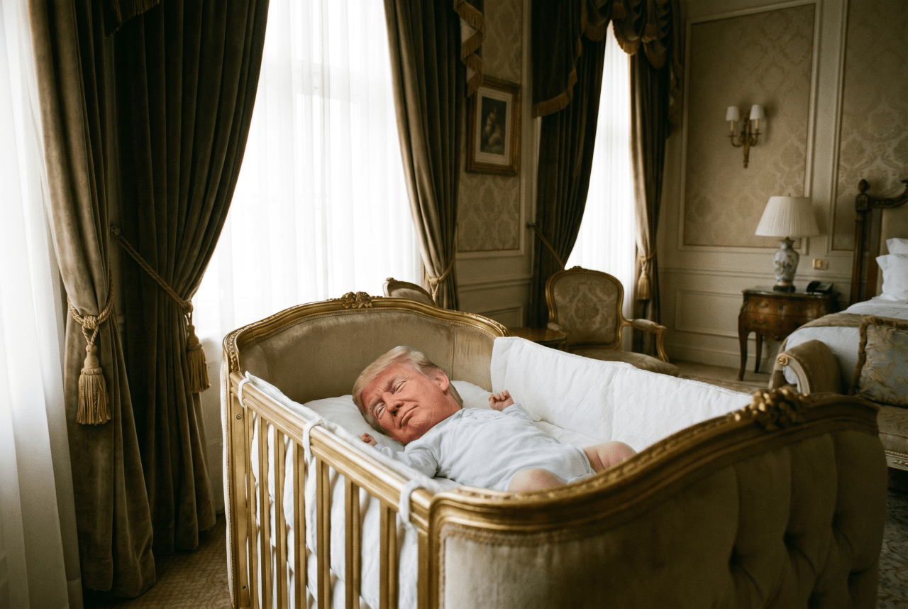 AI-generated image of a baby with an adult man's face sleeping in a gold crib in a luxurious room.