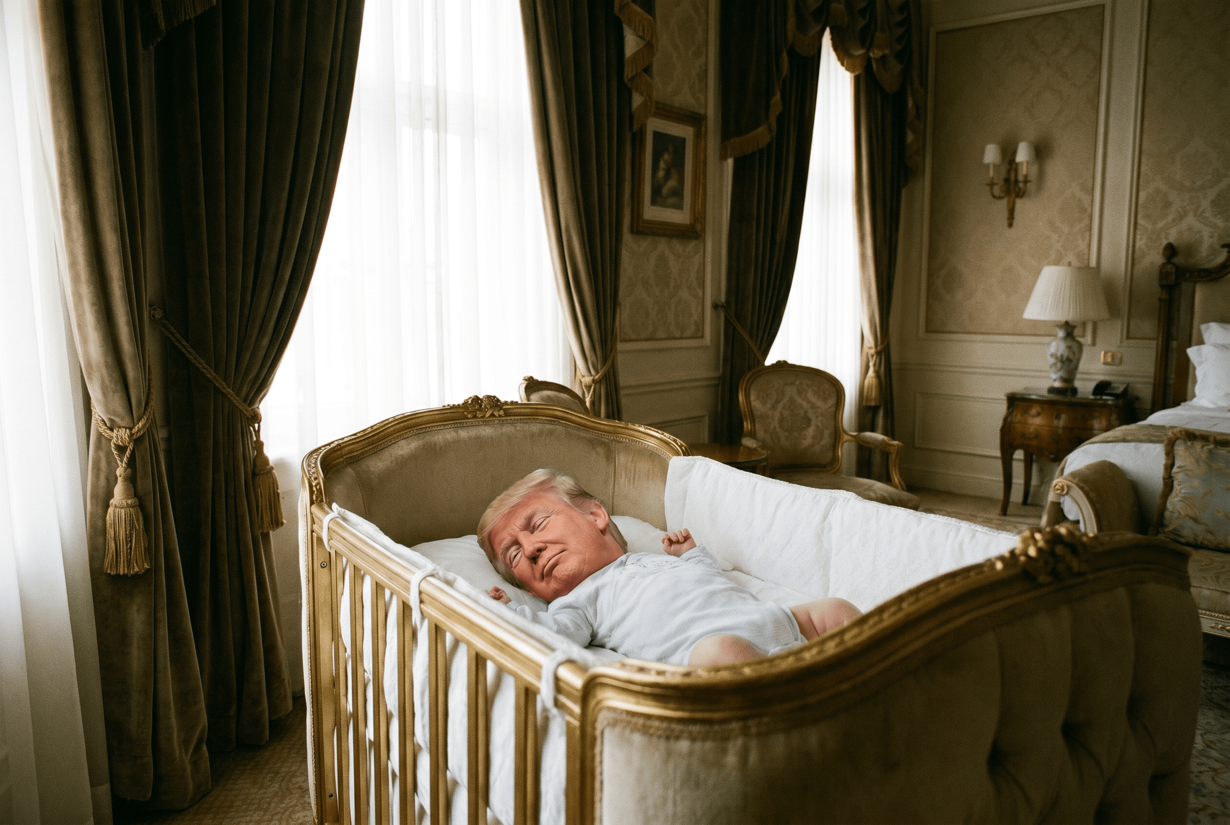 AI-generated image of a baby with an adult man's face sleeping in a gold crib in a luxurious room.