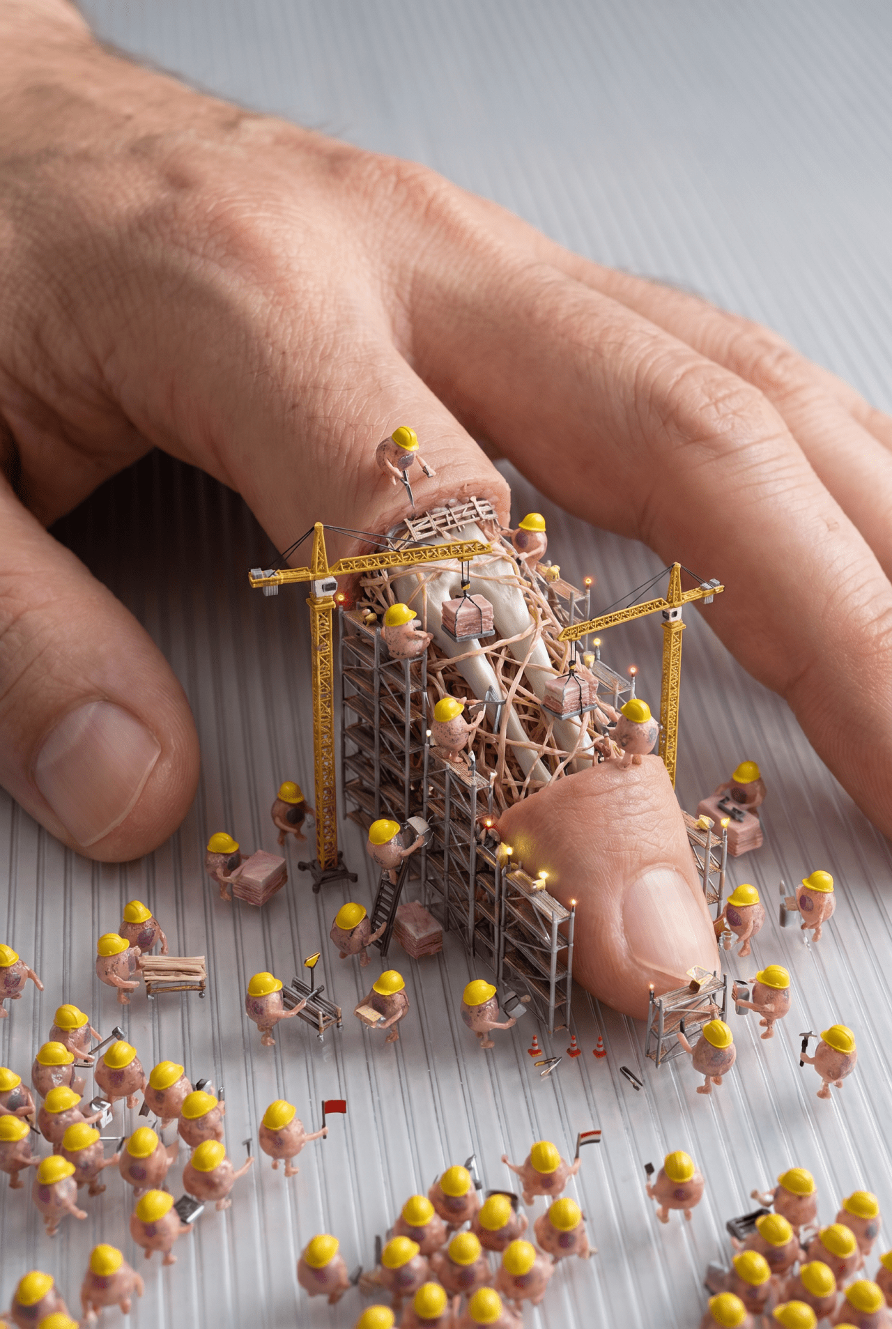 Surreal digital art of miniature construction workers in yellow hard hats building scaffolding around the tip of a human finger resting on a surface.