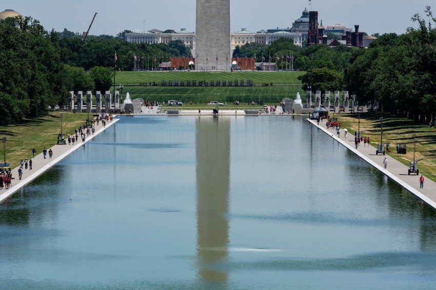 Wide view of the Lincoln Memorial Reflecting Pool reflecting the Washington Monument, with the WWII Memorial and U.S. Capitol visible in the background on a sunny day.