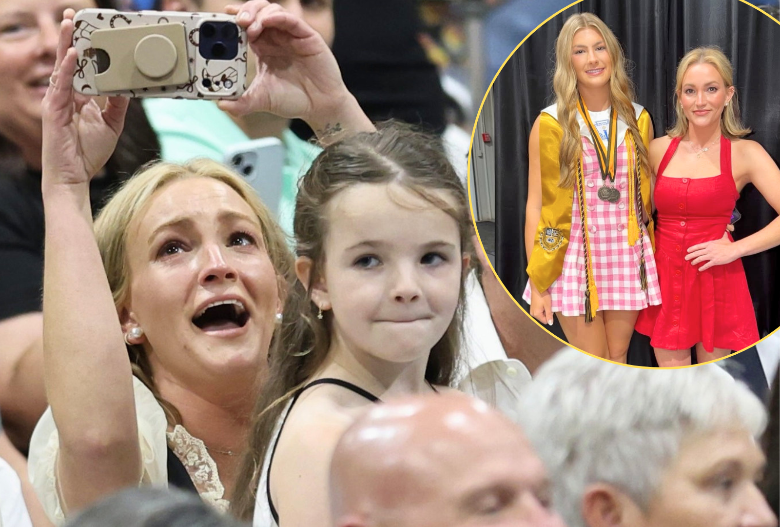 A tearful blonde woman holds up a smartphone to record a graduation ceremony while a young girl sits beside her and a man looks on in the background.