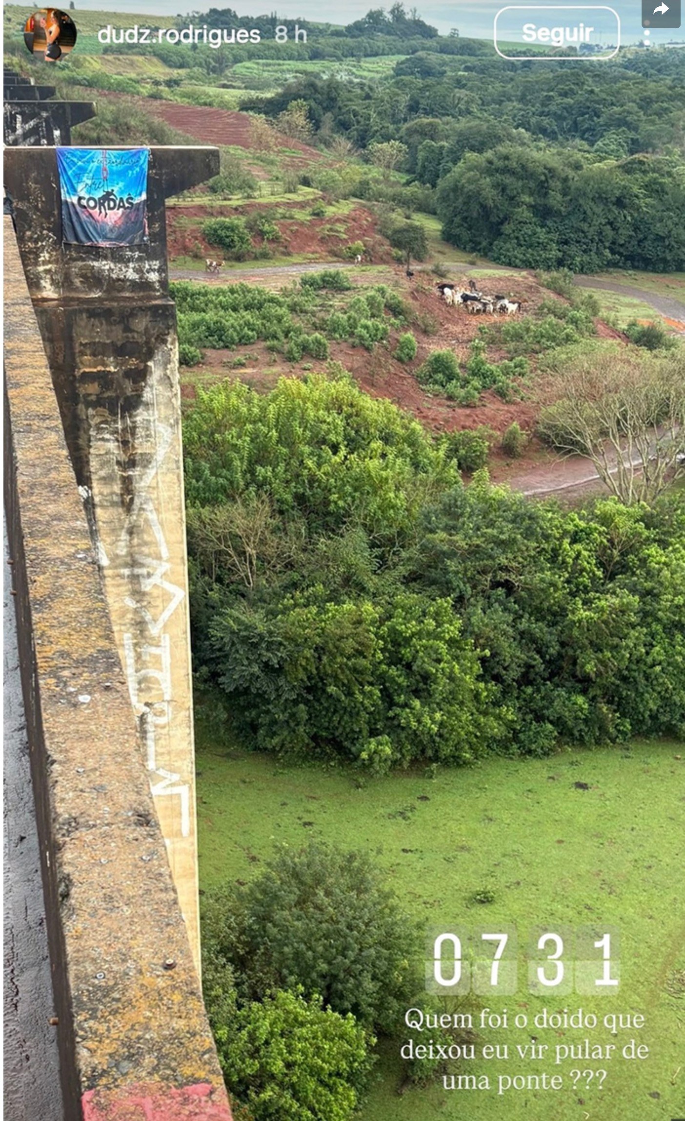 View from a graffiti-marked bridge railing looking down into a green canyon with trees and farmland below; a blue banner reading 'Cordas' is attached to the railing.
