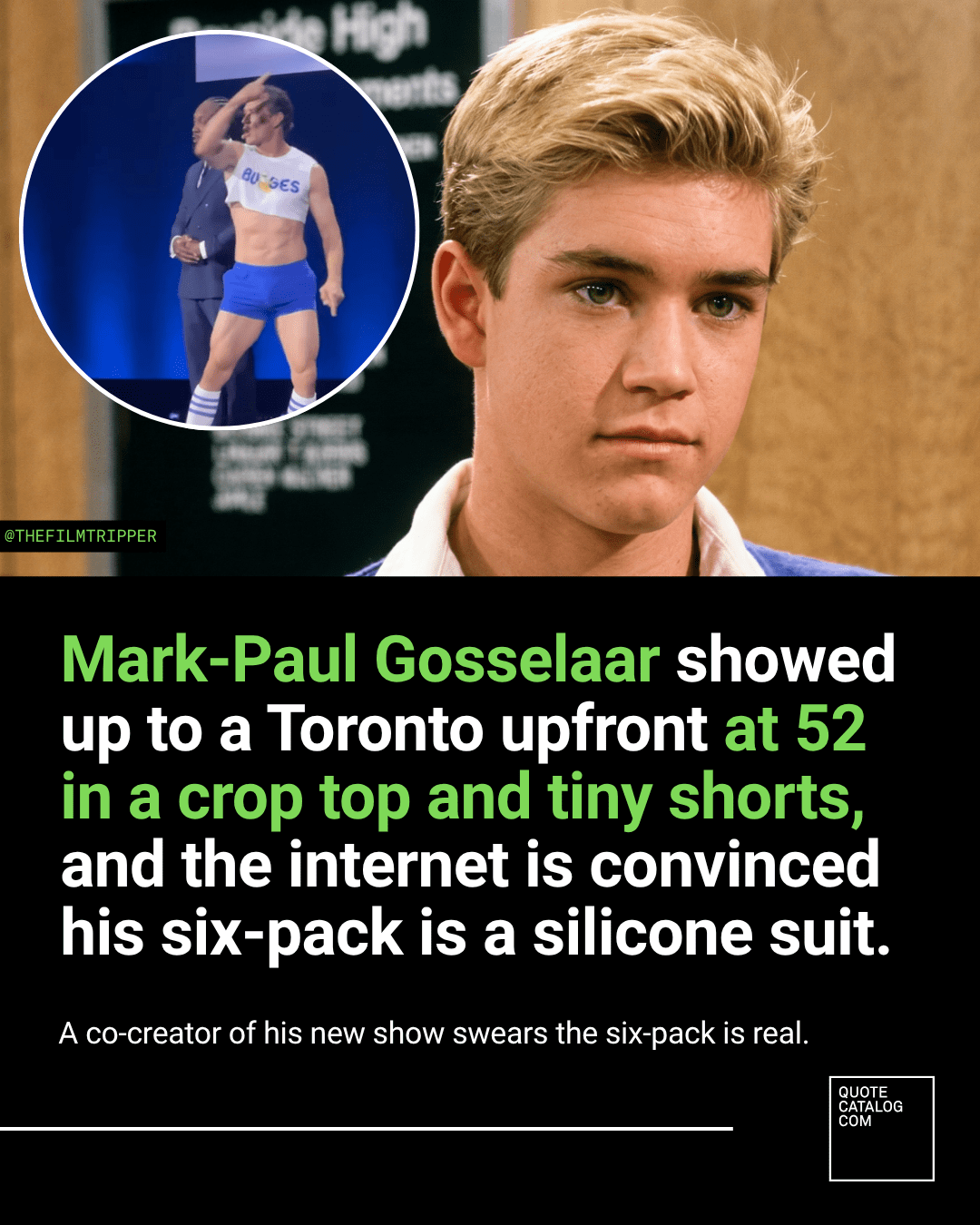 Mark-Paul Gosselaar Showed Up to a Toronto Upfront at 52 in a Crop Top and Tiny Shorts, and the Internet Is Convinced His Six-Pack Is a Silicone Suit