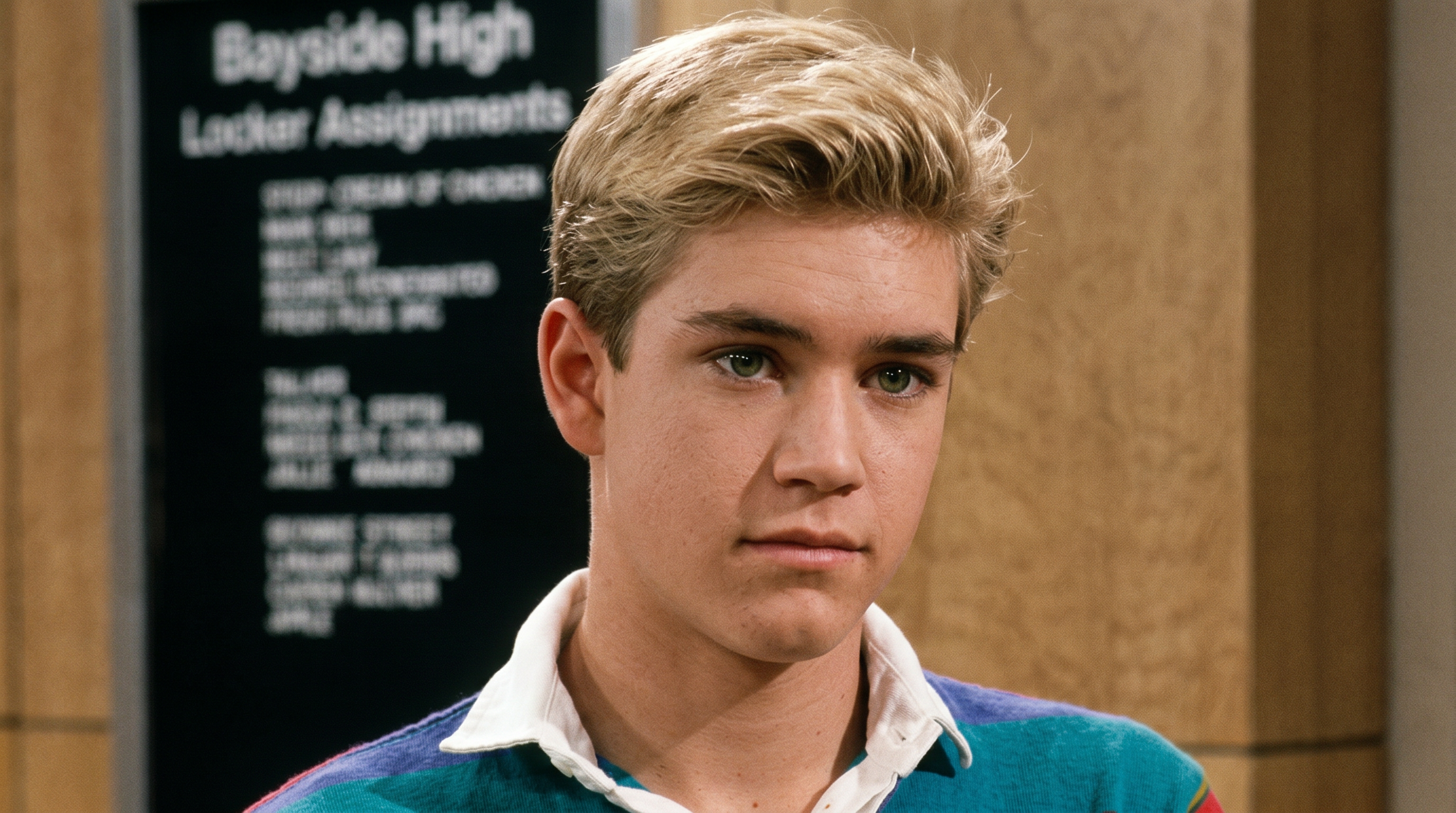 Young blonde man in a colorful striped polo shirt standing in front of a Bayside High locker assignments sign.