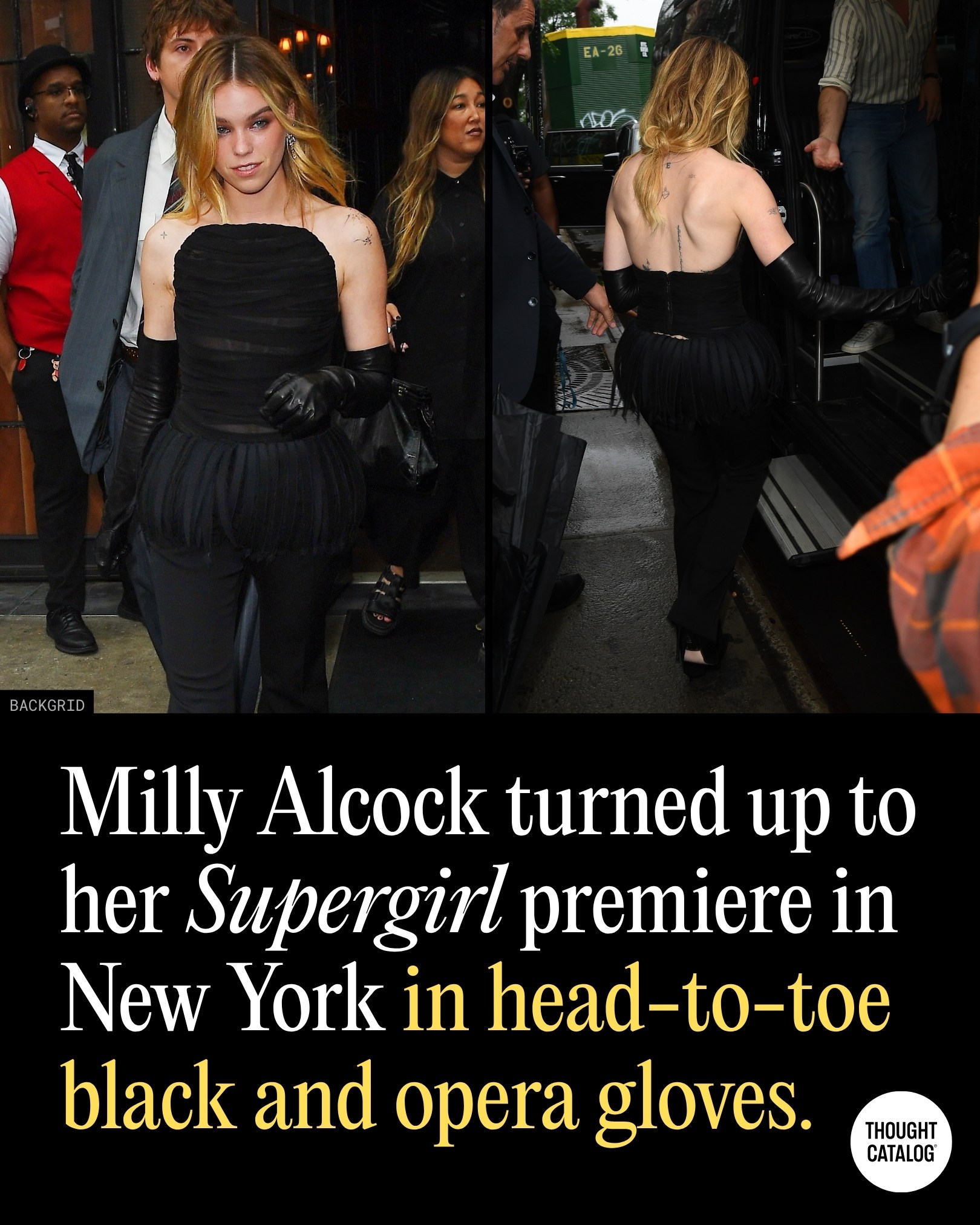 Milly Alcock Turned Up to Her Supergirl Premiere in New York in Head-To-Toe Black and Opera Gloves