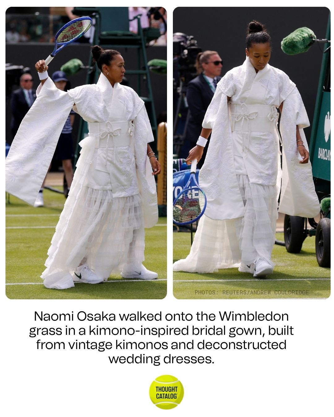 Naomi Osaka Walked onto the Wimbledon Grass in a Kimono-Inspired Bridal Gown, Built from Vintage Kimonos and Deconstructed Wedding Dresses