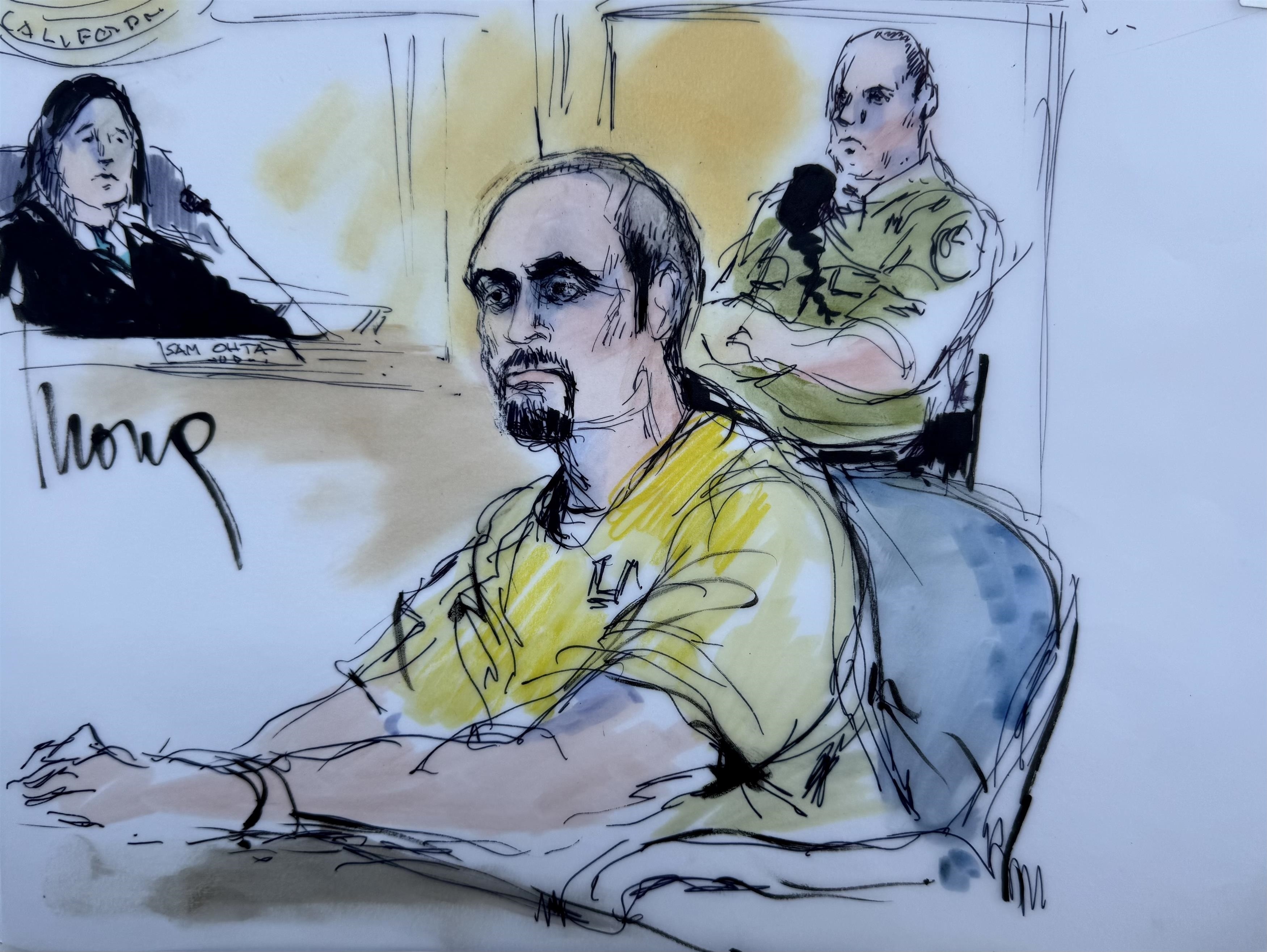 Courtroom sketch of a man in a yellow shirt seated at a defense table, with a judge and court officer visible in the background.
