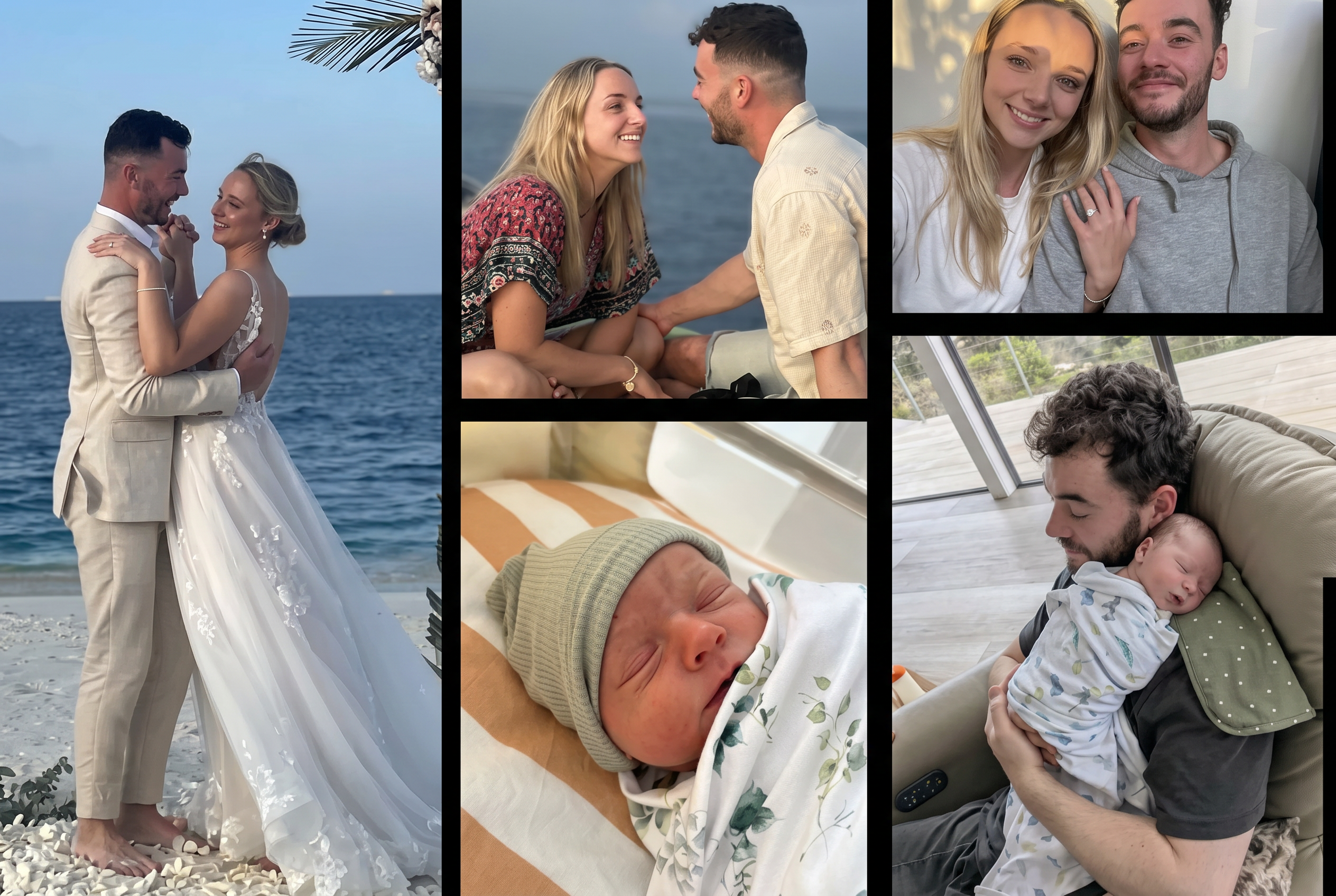 Collage of five photos: couple dancing at beach wedding, couple laughing on a boat, woman showing engagement ring with partner, newborn in a knit hat swaddled in a blanket, and man holding a sleeping newborn.