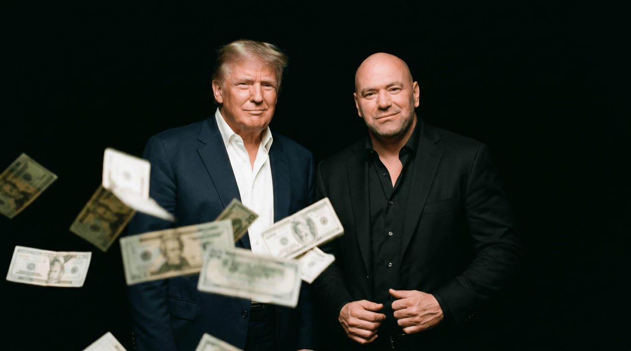 Two men in suits standing together with dollar bills flying in the foreground against a black background.