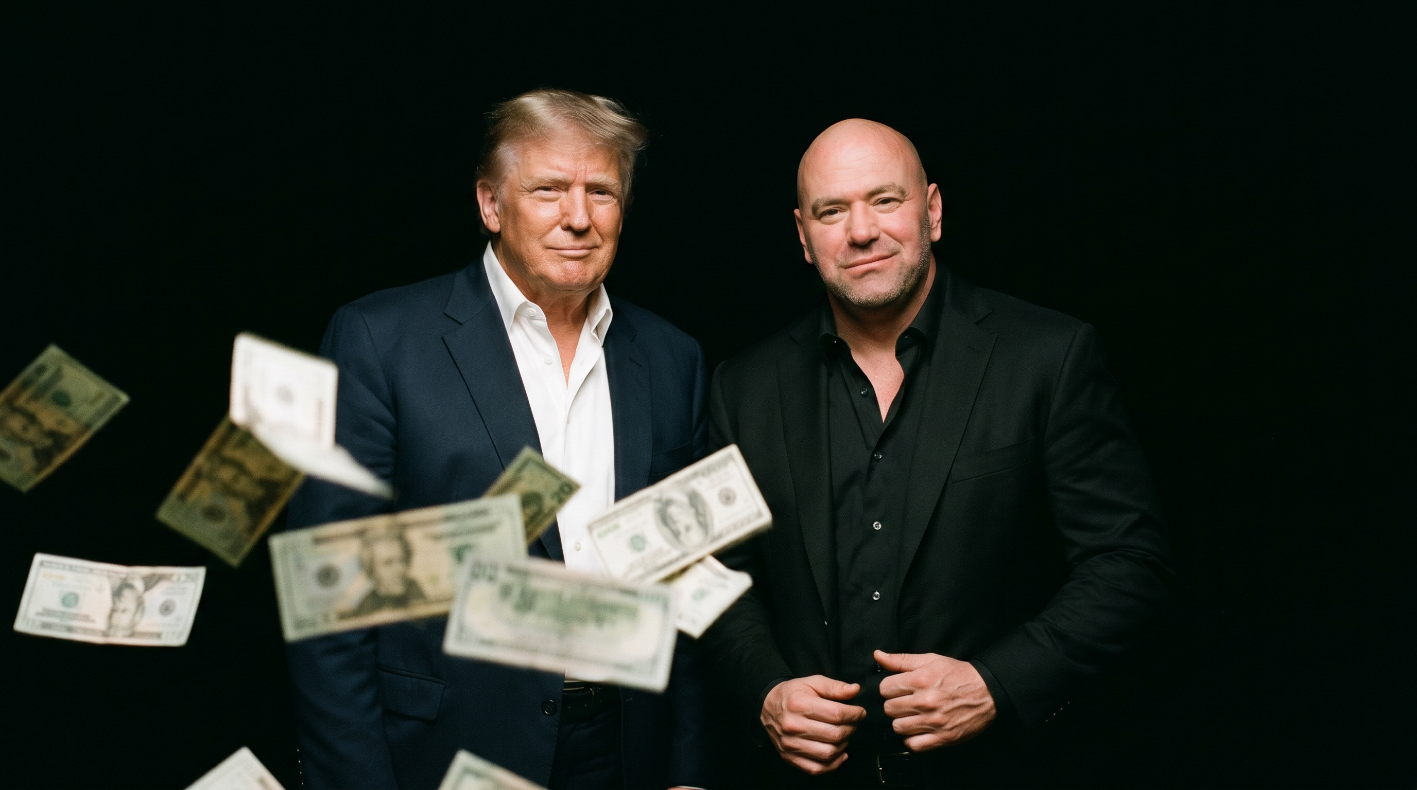 Two men in suits standing together with dollar bills flying in the foreground against a black background.