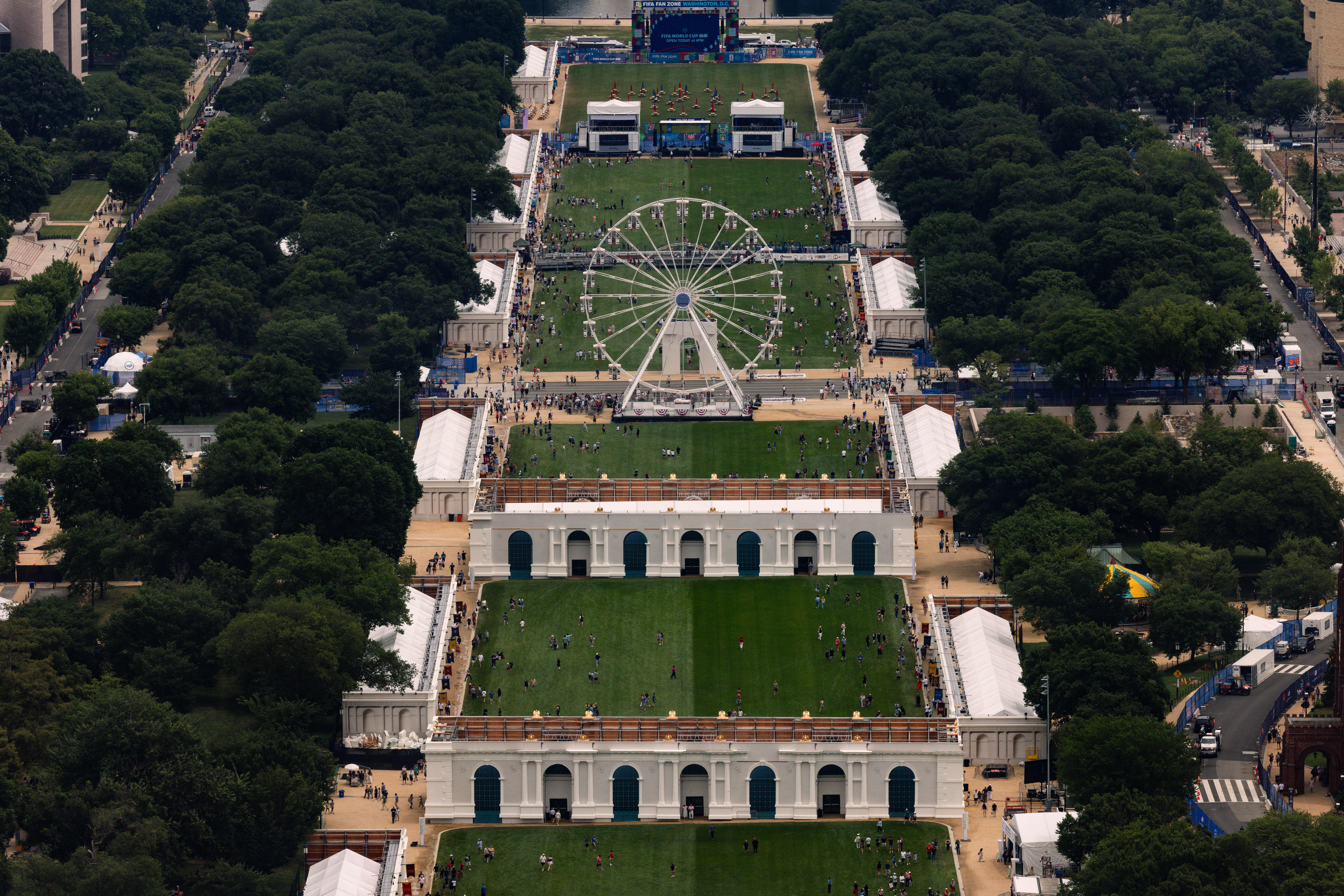 Aerial view of the Freedom 250 Ferris wheel and fairgrounds on the National Mall in Washington, DC