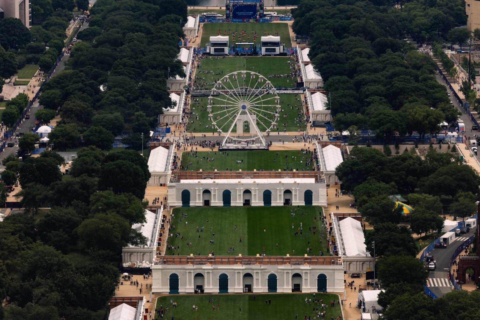 Aerial view of the Freedom 250 Ferris wheel and fairgrounds on the National Mall in Washington, DC
