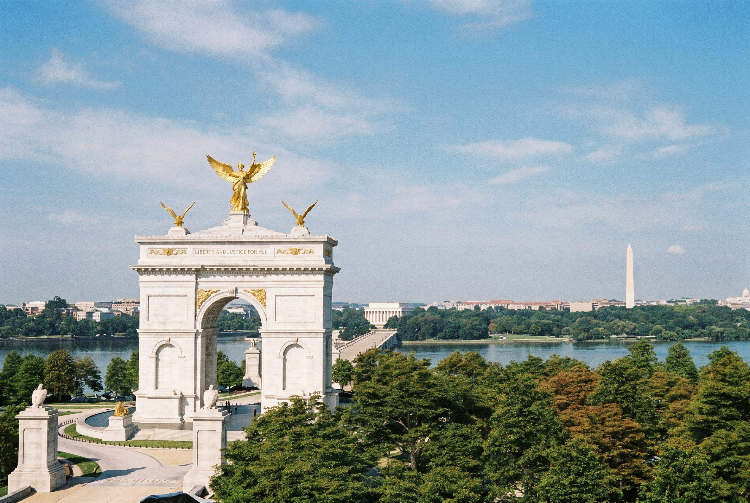 AI-generated image of a large white triumphal arch topped with gold winged statues, overlooking a river with the Washington Monument in the background.