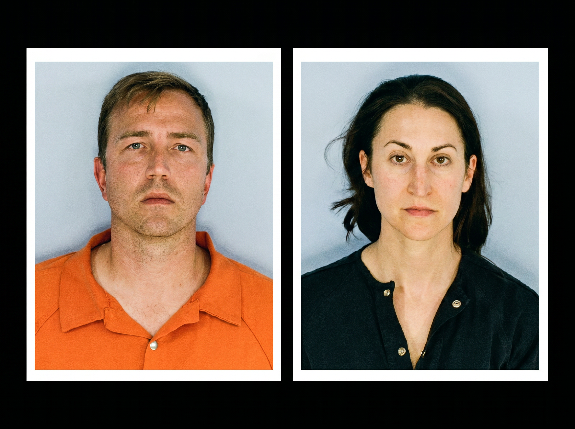 Side-by-side booking photos of a man in an orange shirt and a woman in a black shirt against a light gray background.