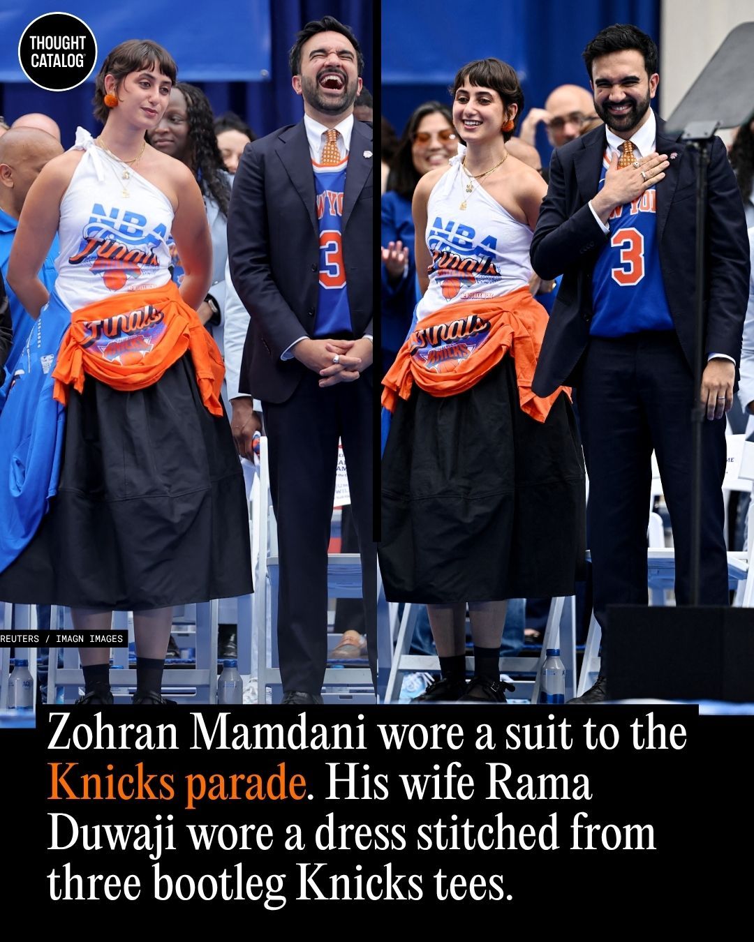 Zohran Mamdani Wore a Suit to the Knicks Parade. His Wife Rama Duwaji Wore a Dress Stitched from Three Bootleg Knicks Tees