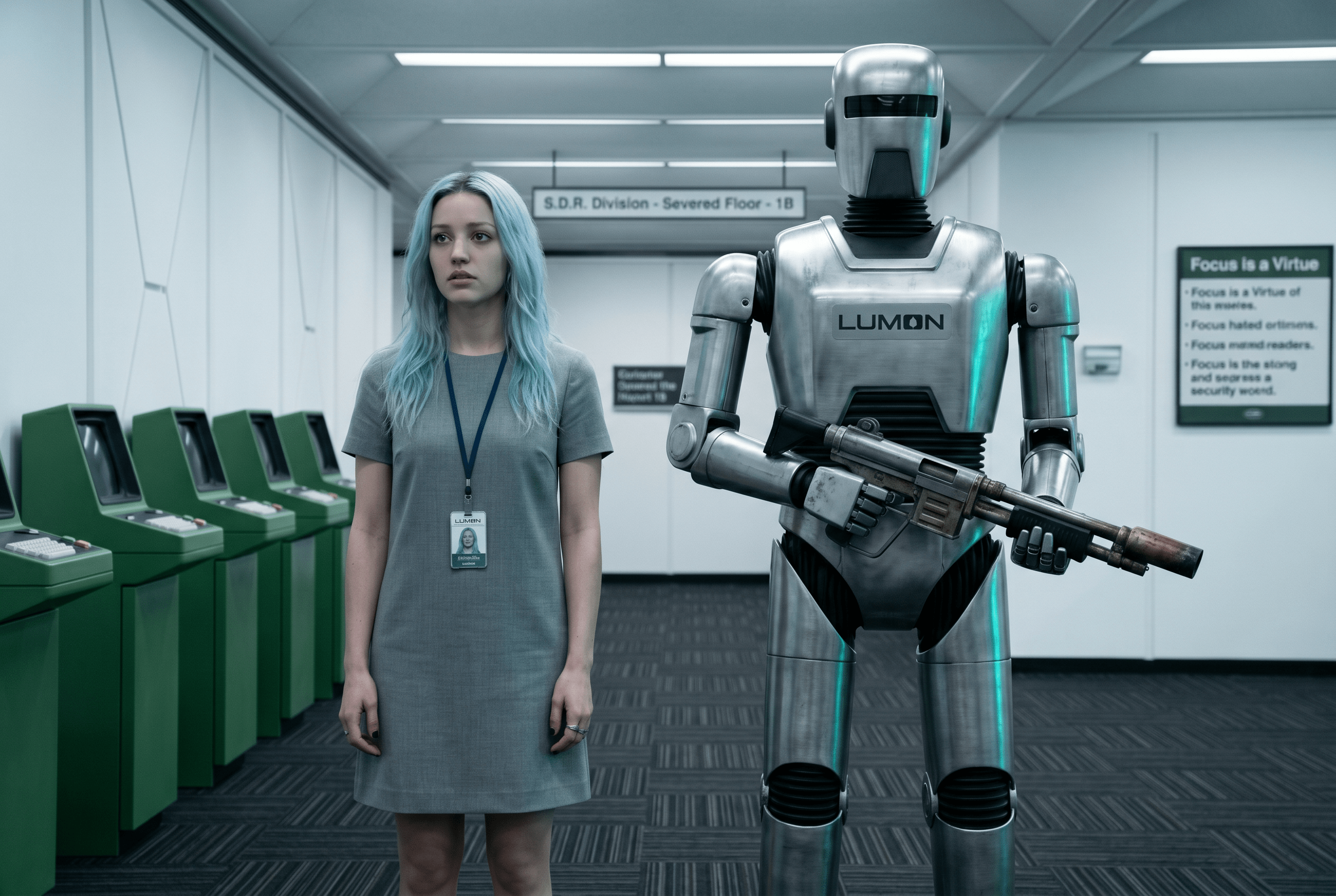 Abstract illustration representing AI and corporate layoffs, with human figures and digital or robotic elements