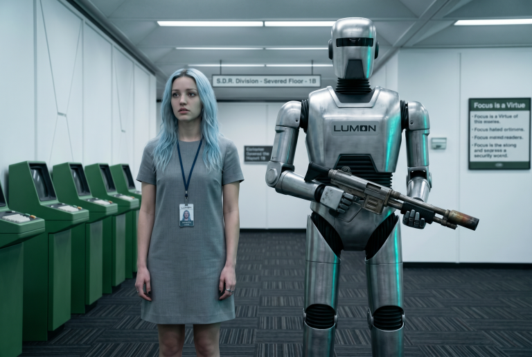 Abstract illustration representing AI and corporate layoffs, with human figures and digital or robotic elements