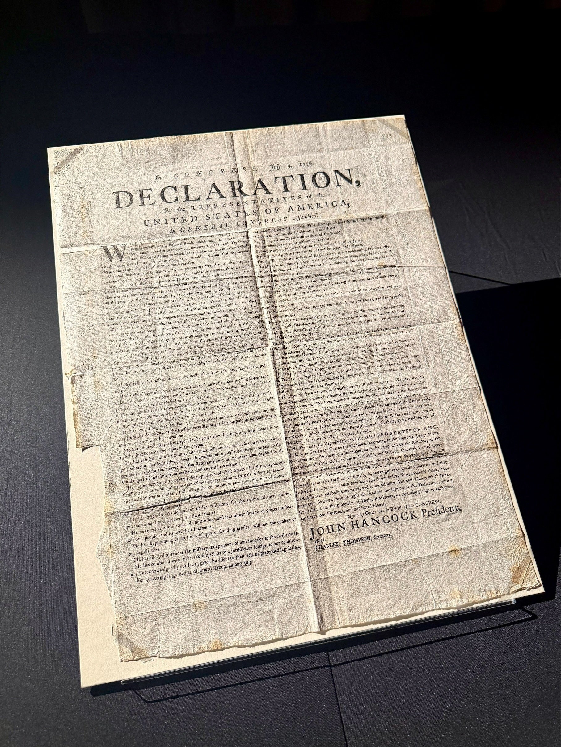 A 1776 printed copy of the U.S. Declaration of Independence displayed at The National Archives in Kew, London.