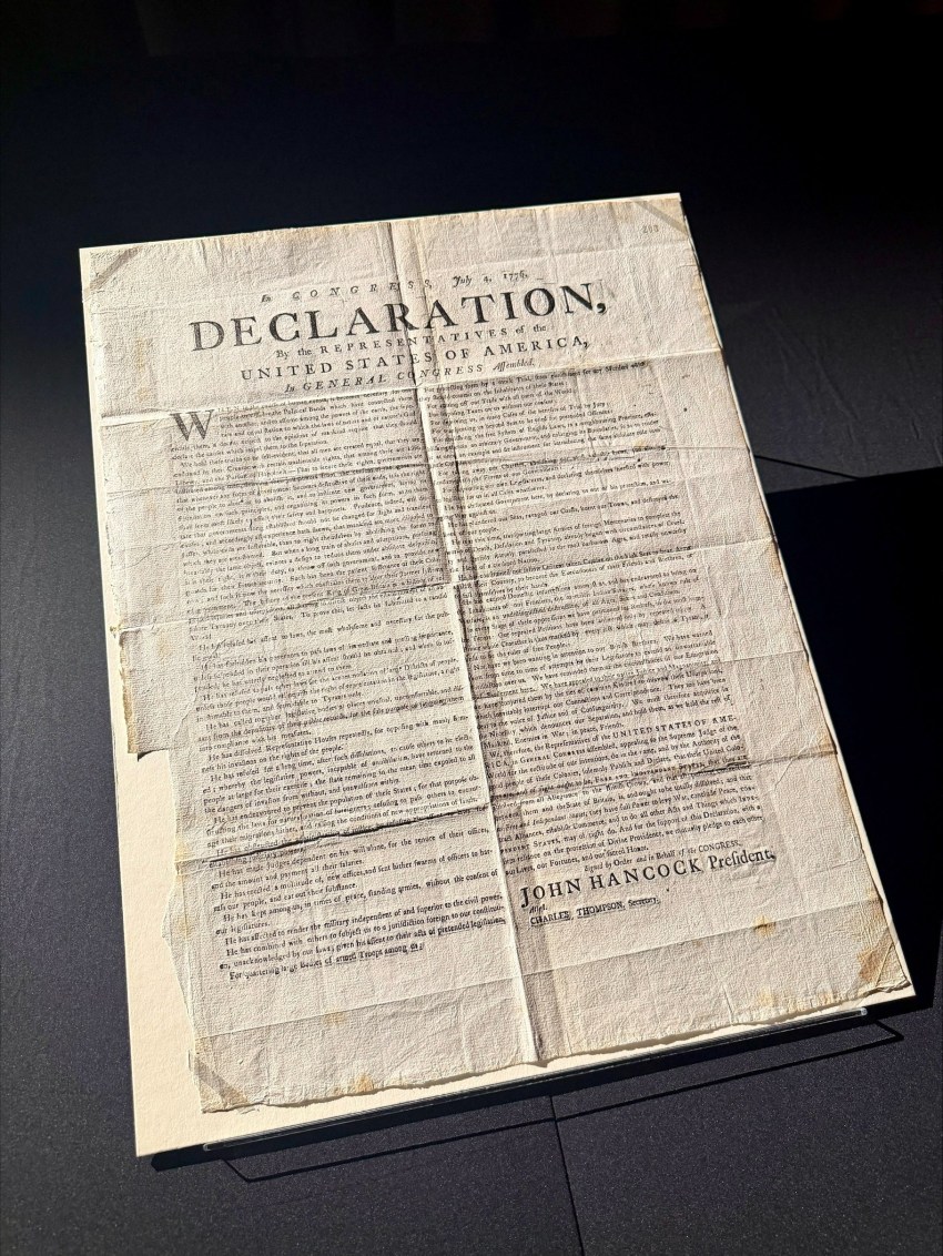 A 1776 printed copy of the U.S. Declaration of Independence displayed at The National Archives in Kew, London.