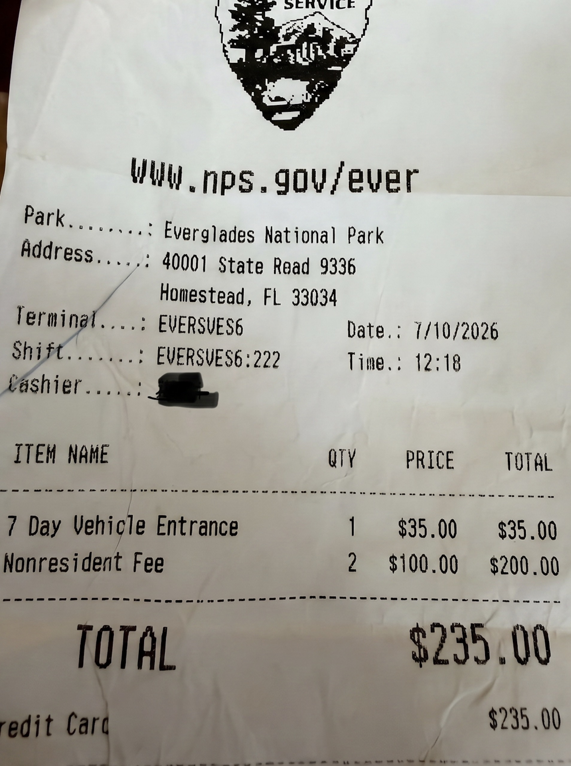 Printed receipt from Everglades National Park showing a 7-day vehicle entrance fee of $35 and two nonresident fees of $100 each, totaling $235