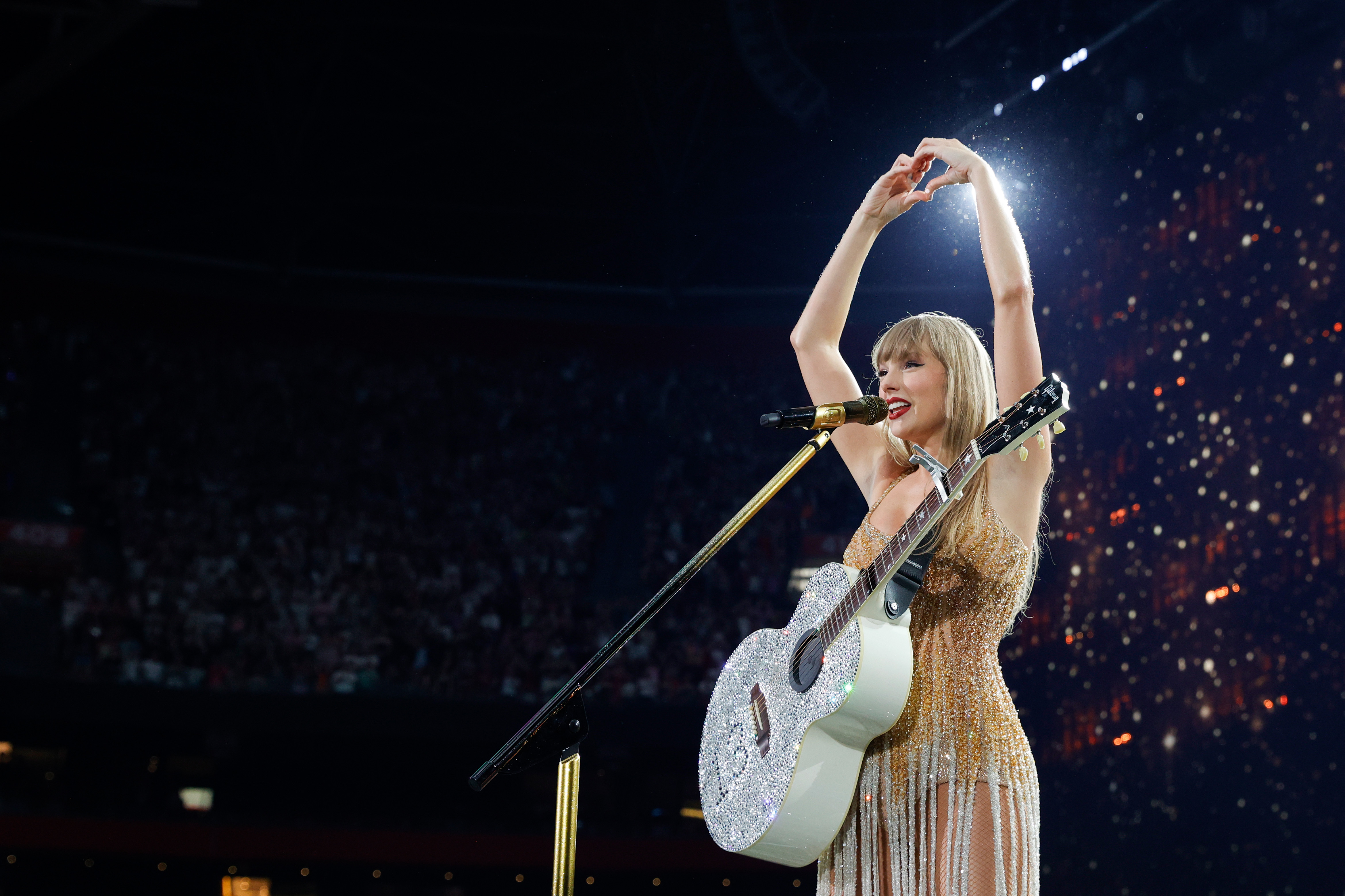 Taylor Swift performing onstage at Johan Cruijff Arena in Amsterdam during the Eras Tour