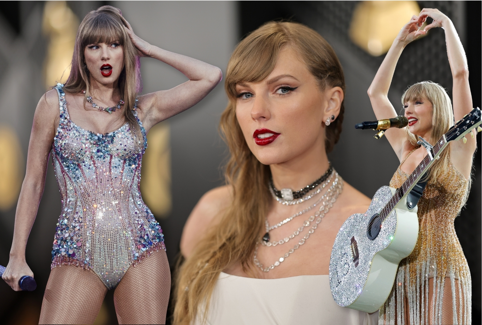 Taylor Swift in a white strapless gown with layered silver necklaces and red lipstick on the Grammy Awards red carpet.