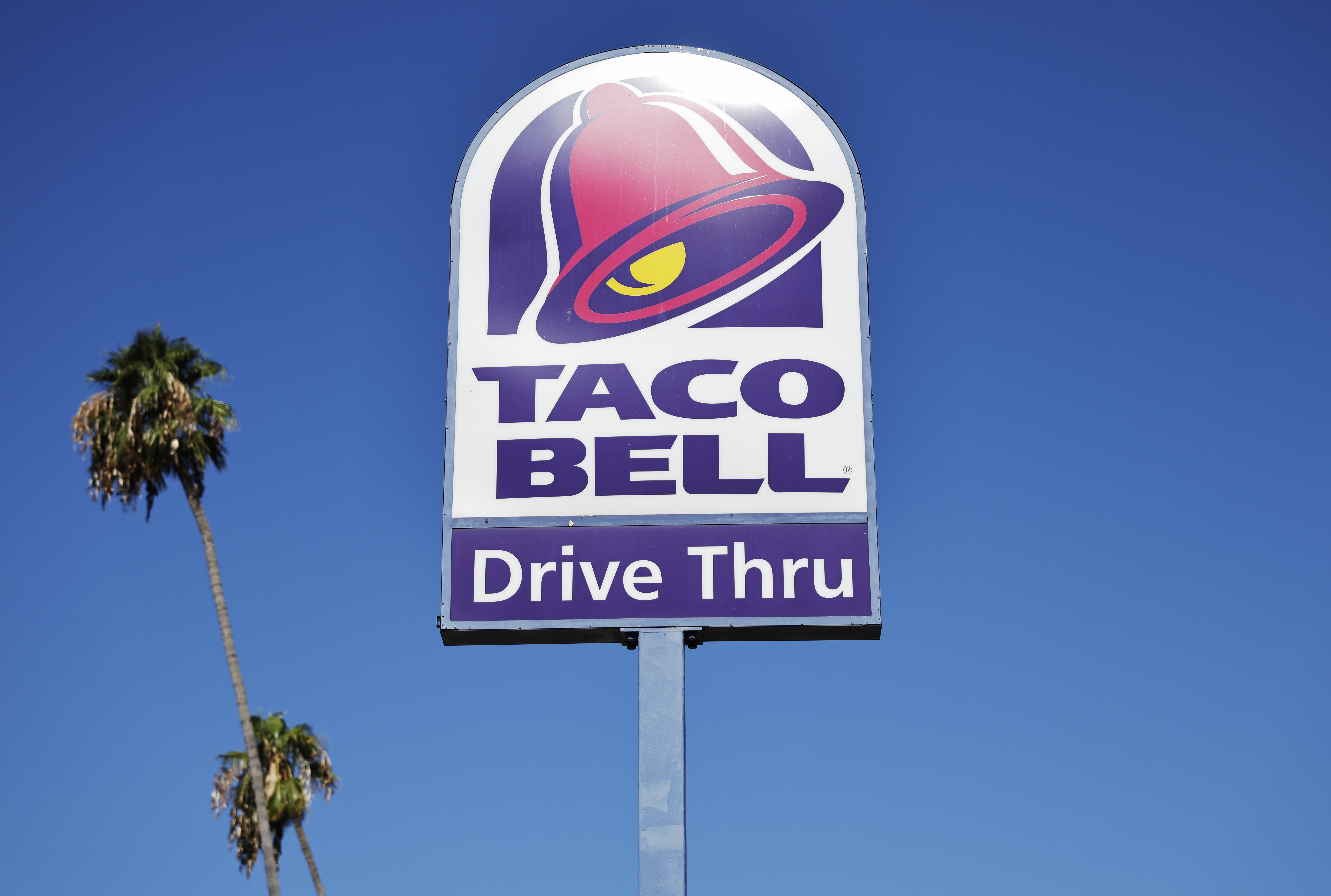 Taco Bell Drive Thru sign on a pole against a blue sky with palm trees in the background